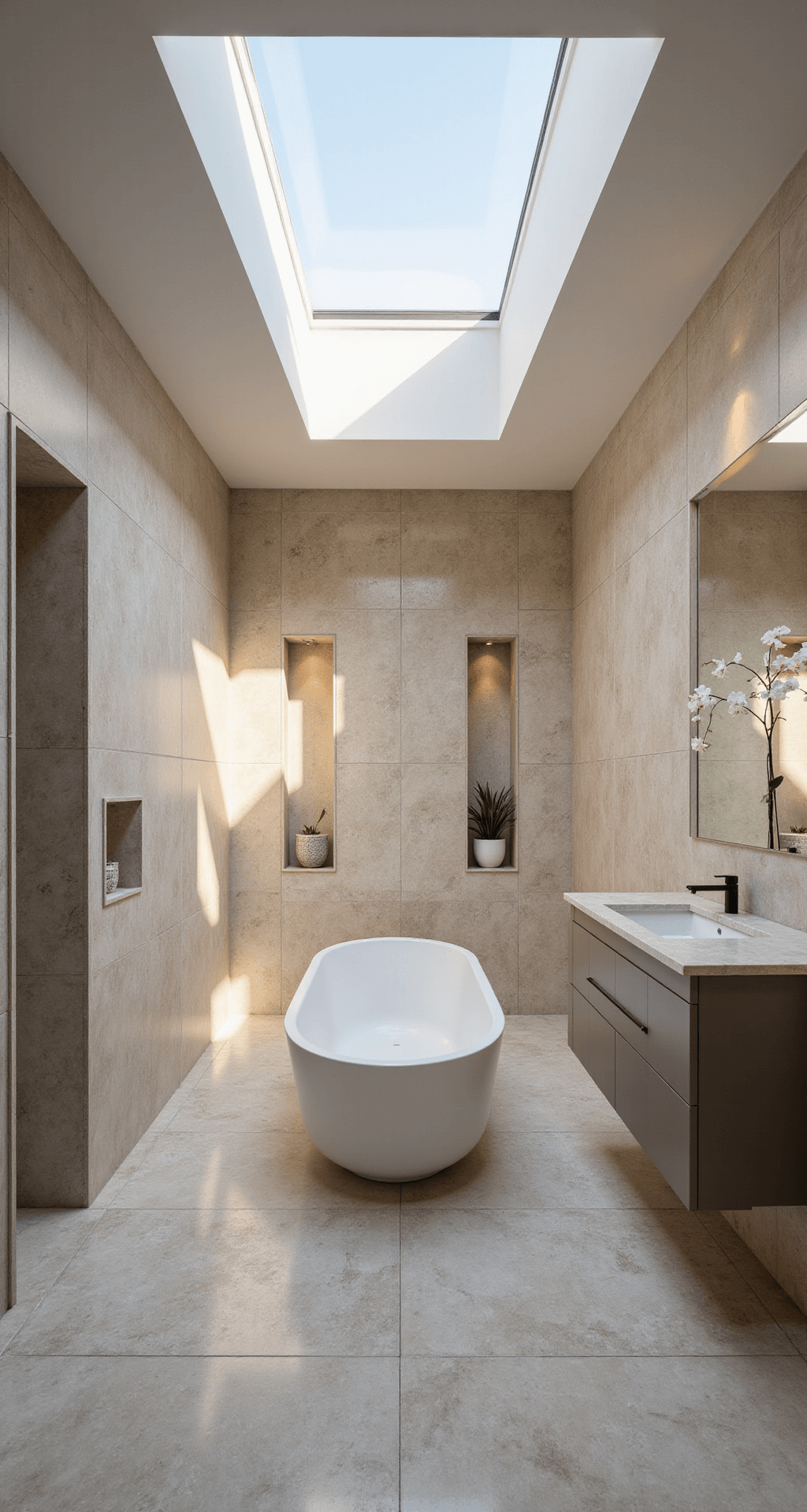Bird's eye view of a luxurious minimalist bathroom featuring a central oval soaking tub, warm greige oversized marble-look tiles, a floating double vanity, and built-in wall niches with orchids, all illuminated by dramatic natural light from a skylight.