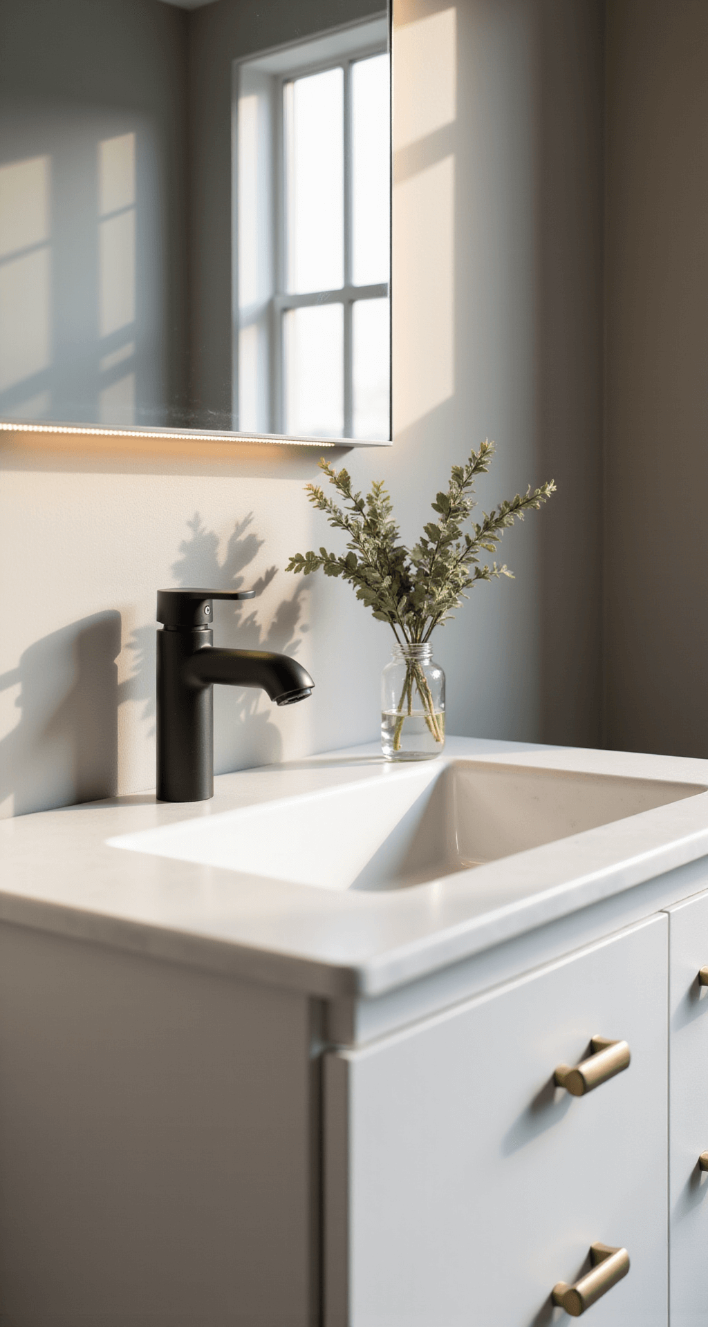 Minimalist bathroom vanity featuring a pure white engineered quartz countertop, matte black wall-mounted faucet, and a clear glass vessel with dried eucalyptus, illuminated by a hidden LED strip behind a floating mirror. Brushed brass drawer pulls add warmth against neutral greige walls.