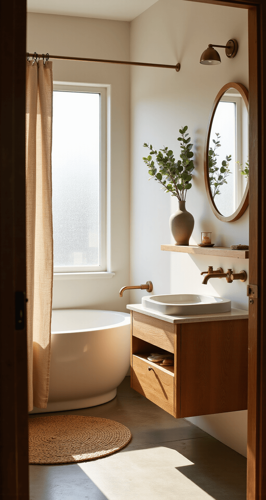 A wide-angle view of a sunlit minimalist bathroom featuring a floating wooden vanity, Japanese soaking tub, and warm brass fixtures, with a textured cream linen shower curtain and eucalyptus branches in a ceramic vase, all reflecting in a round brass-framed mirror on heated stone floors.