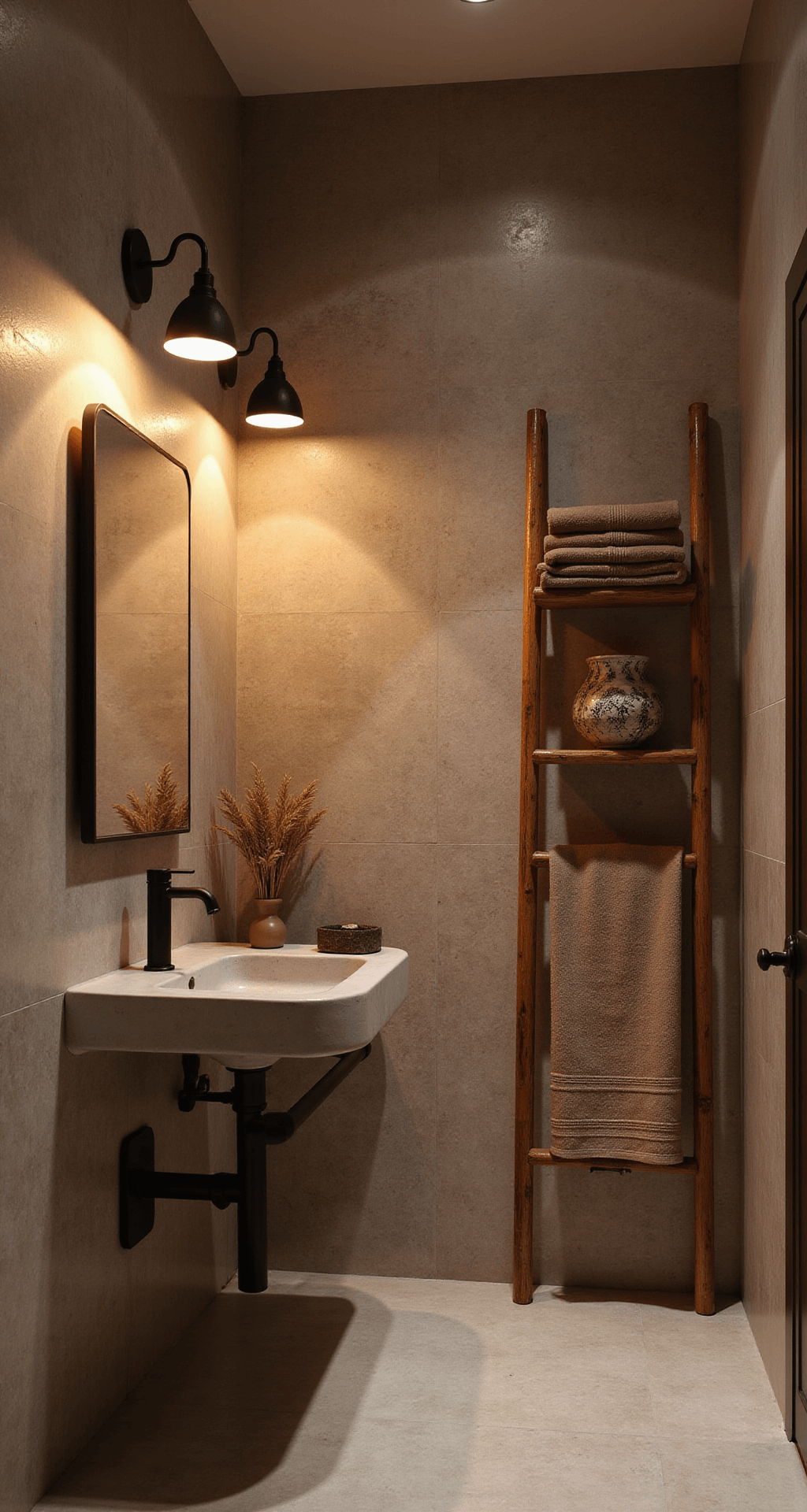 Intimate view of a minimalist bathroom featuring a curved concrete vanity with an integrated sink, warm honey-colored sconces illuminating textured limestone walls, stacked earth-toned Turkish towels, a bamboo ladder shelf with artisanal pottery and pampas grass, and contrasting matte black hardware, all captured in moody ambient lighting at dusk.