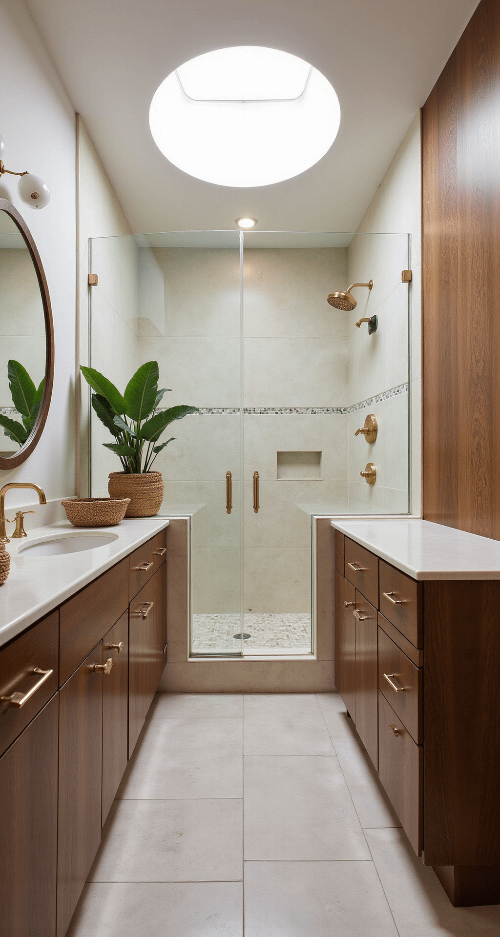 Overhead view of a spa-like bathroom featuring circular design elements, warm walnut cabinetry, cream limestone tiles, brass fixtures, woven water hyacinth baskets, and a potted monstera, all illuminated by midday light.