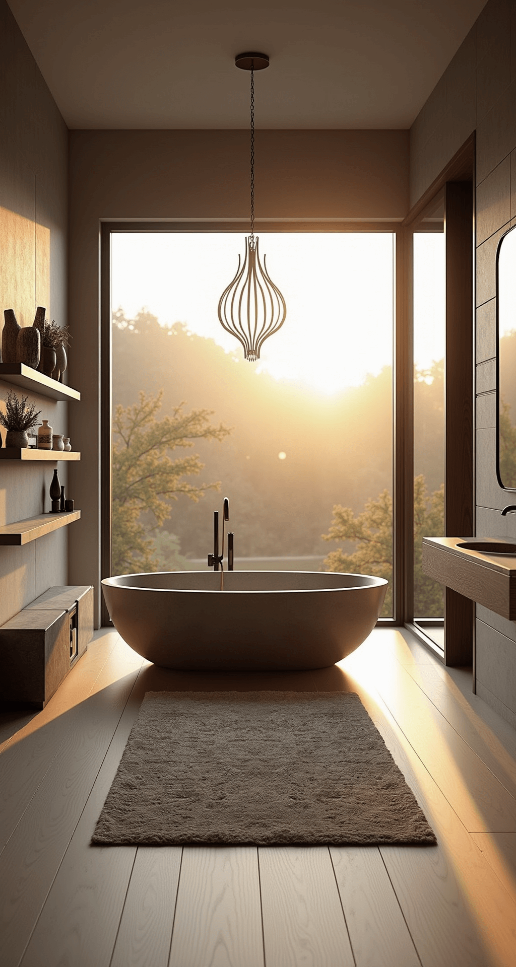 A luxury minimalist bathroom at sunrise featuring a freestanding stone tub, floor-to-ceiling windows, white oak flooring with dramatic shadows, an oversized handwoven wool rug, a burnished bronze chandelier, and floating shelves with artisanal ceramics and dried botanicals.