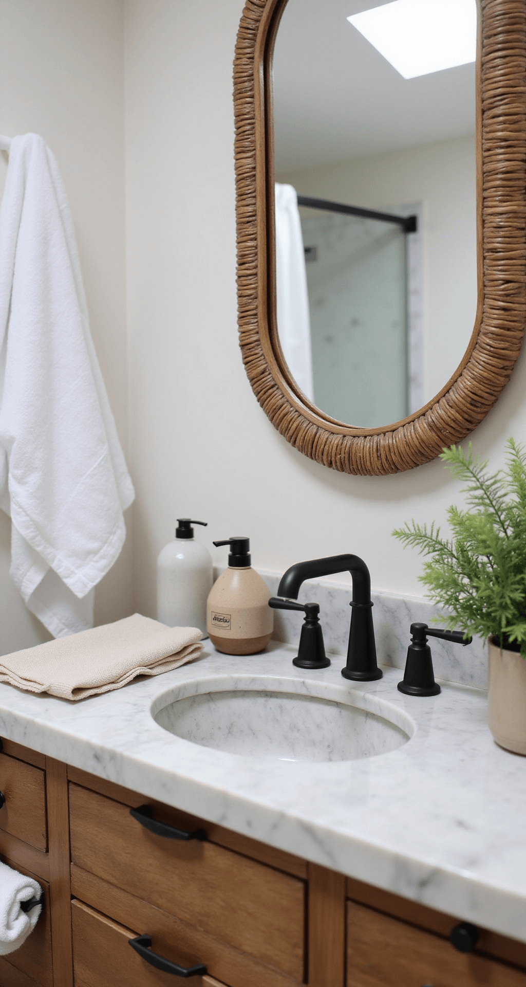 Close-up of a minimalist bathroom vanity featuring a honed marble countertop, matte black faucet, and warm wood drawers, complemented by handmade ceramic accessories, linen towels, and a rattan mirror frame, with a small potted fern and soft natural light creating gentle shadows.