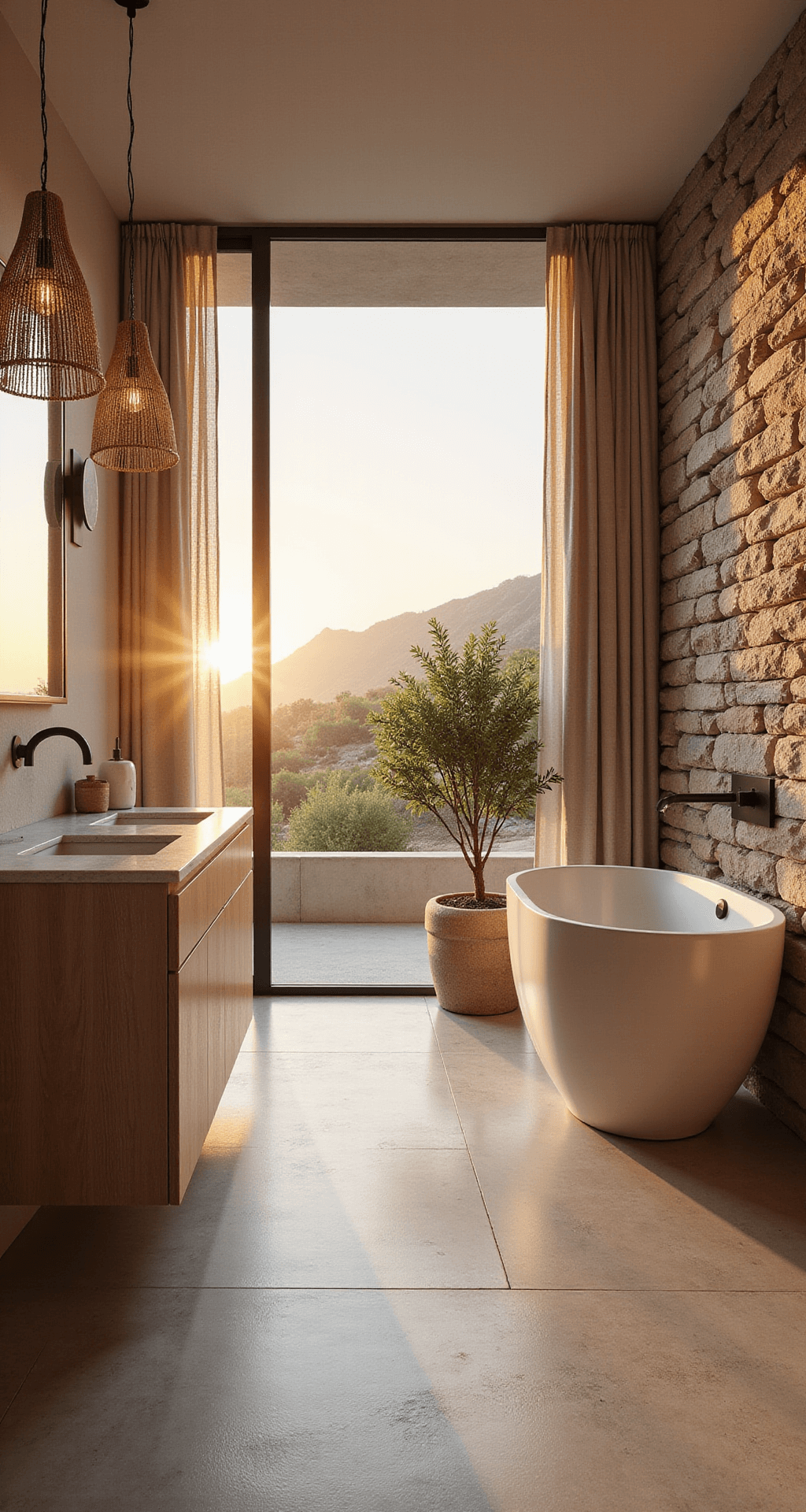 Wide view of a minimalist primary bathroom at sunset, featuring rose-gold light through linen drapes on limestone floors, a floating double vanity in bleached oak with honed quartz, an oversized soaking tub with potted olive trees, warm pools of light from woven pendant lights, and a textured stacked stone accent wall.