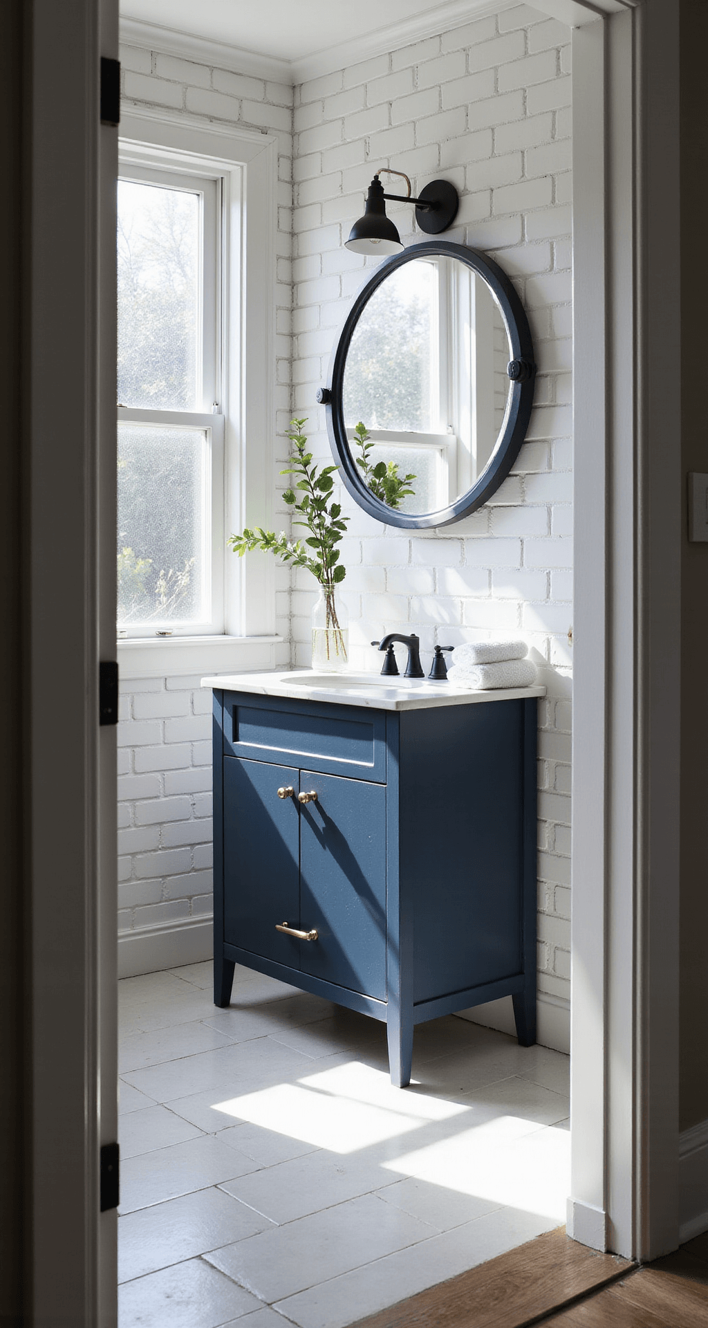 Wide shot of a modern bathroom featuring white subway-tiled walls, a navy blue vanity with brass hardware, and a backlit mirror. Early morning sunlight filters through a frosted window, highlighting matte black fixtures and styled decor, including eucalyptus branches and fluffy white towels.