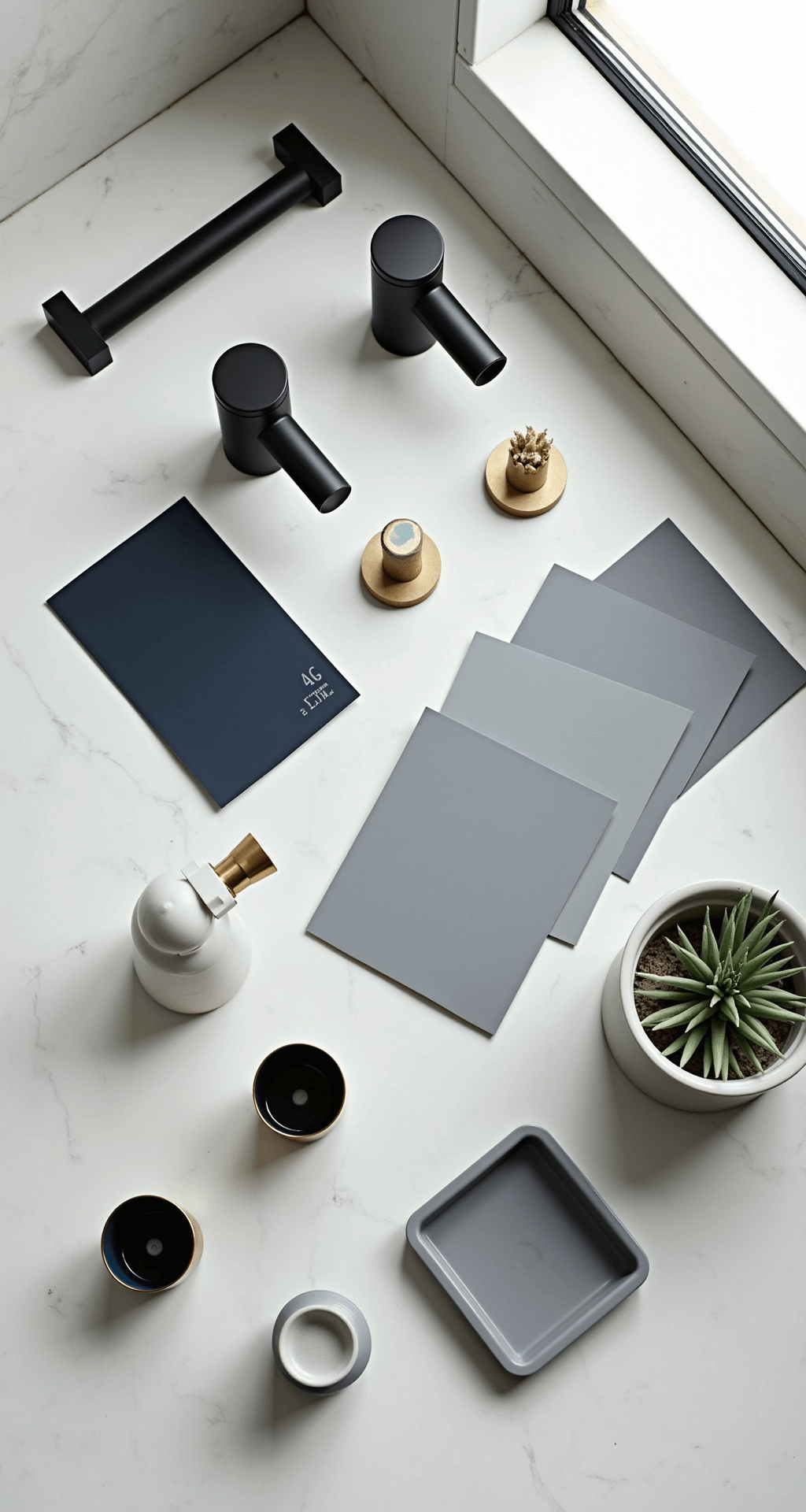 Overhead flat-lay of modern bathroom accessories on a white marble surface, featuring matte black hardware samples, navy and grey paint swatches, geometric tiles, and brass fixtures, illuminated by natural daylight with intentional negative space.