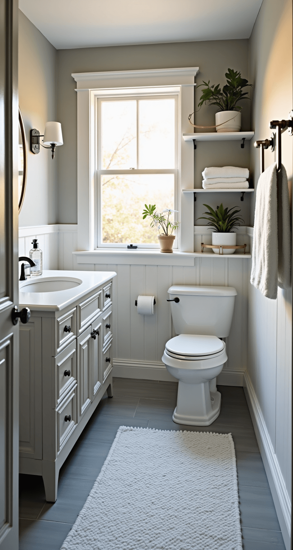 Wide-angle view of a transformed bathroom featuring a white and grey color palette with navy accents, illuminated by golden hour light. The scene includes a painted vanity with new hardware, statement lighting, and open shelving styled with towels, plants, and art, creating a bright and airy atmosphere.
