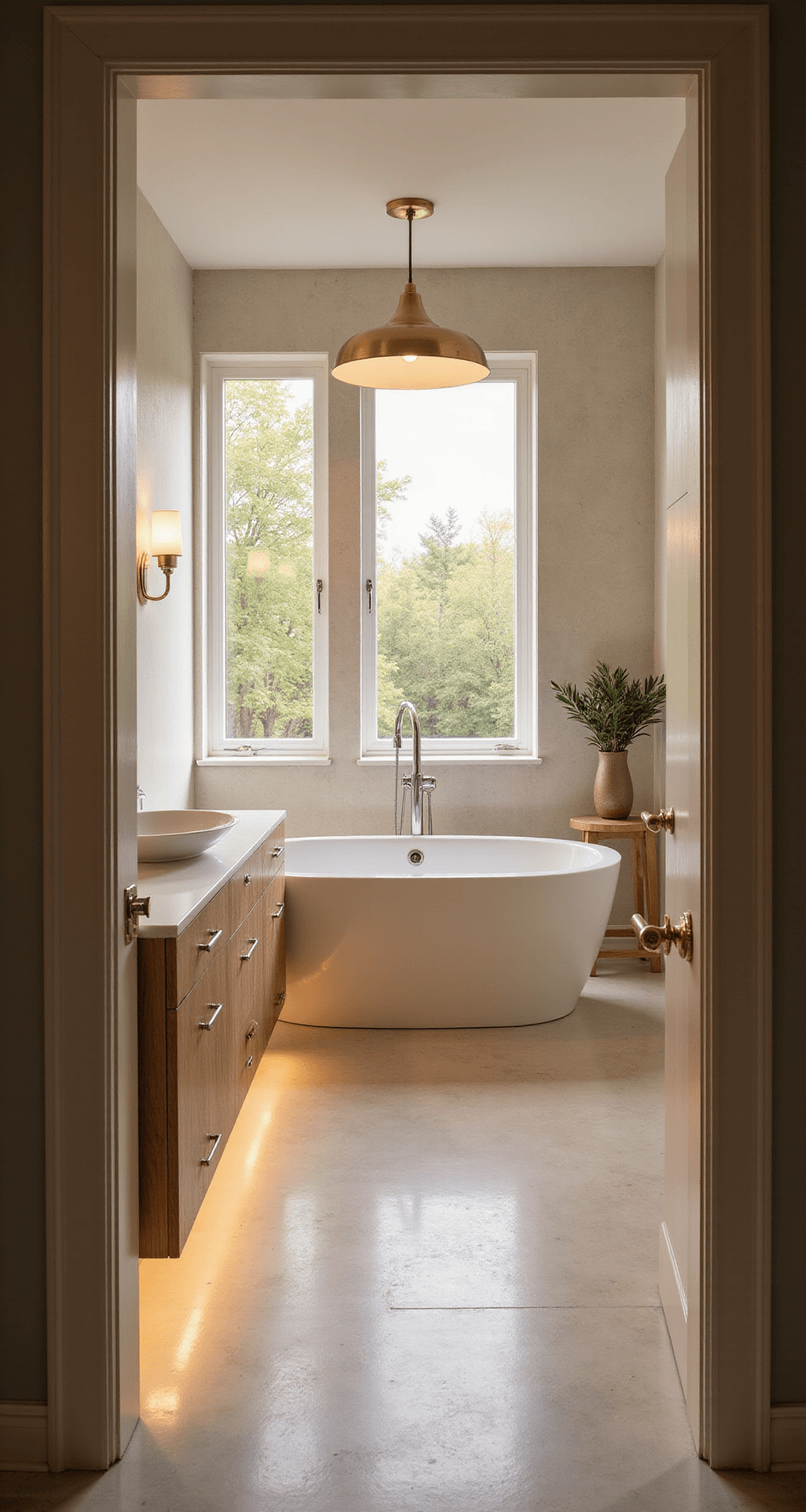 Transforming Your Bathroom into a Serene Sanctuary: The Ultimate Lighting Guide Luxurious master bathroom featuring a freestanding oval soaking tub under a brass pendant light, with cream limestone flooring and venetian plaster walls, softly illuminated by natural light and hidden LED strips, creating a spa-like ambiance.