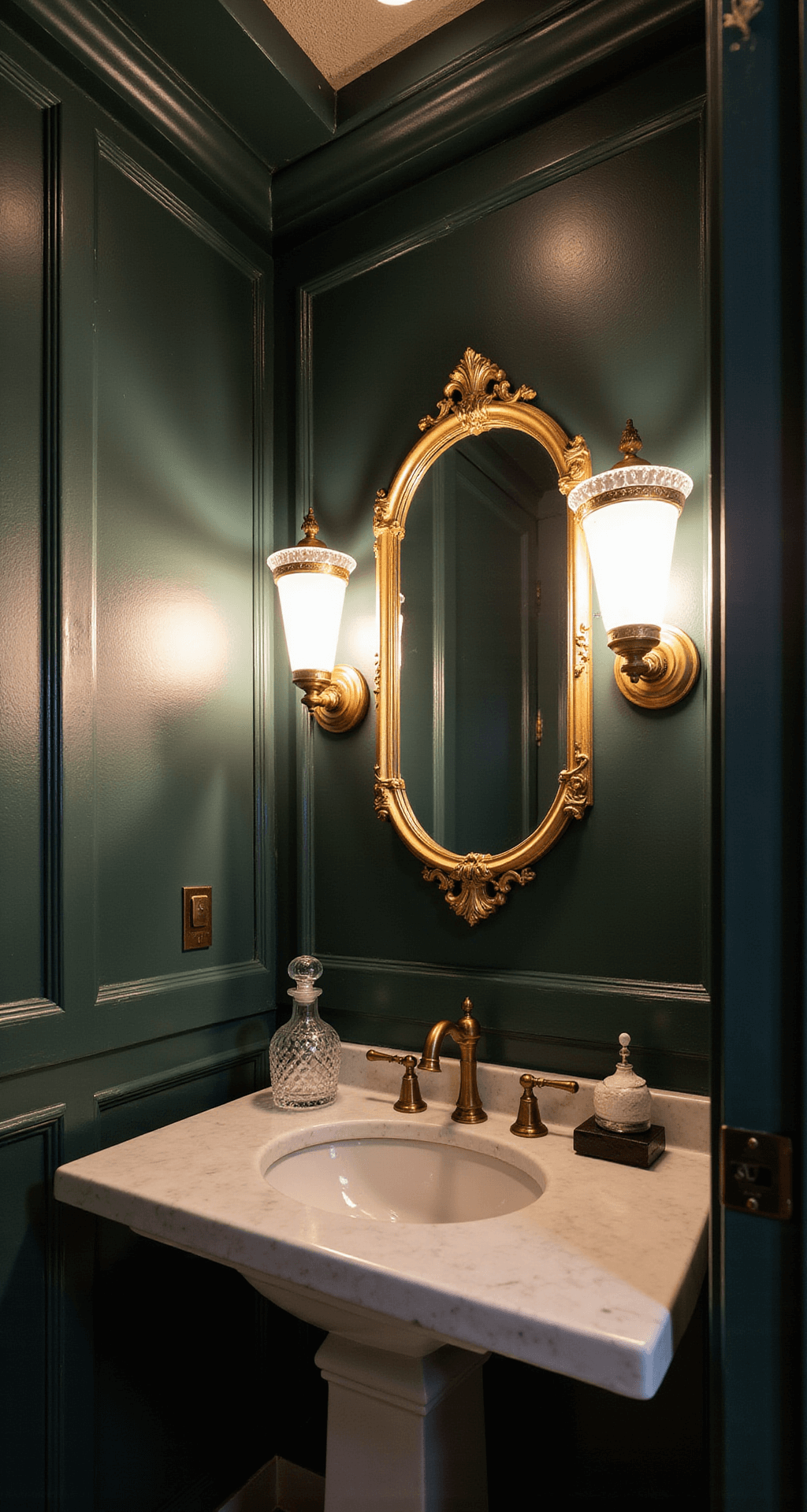 Transforming Your Bathroom into a Serene Sanctuary: The Ultimate Lighting Guide Intimate powder room captured at dusk, featuring dark emerald walls with a metallic finish, handcrafted brass sconces, an antique gold-framed mirror, and a white marble vanity top with undermount lighting, all highlighted by ambient cove lighting and stylish vintage accents.