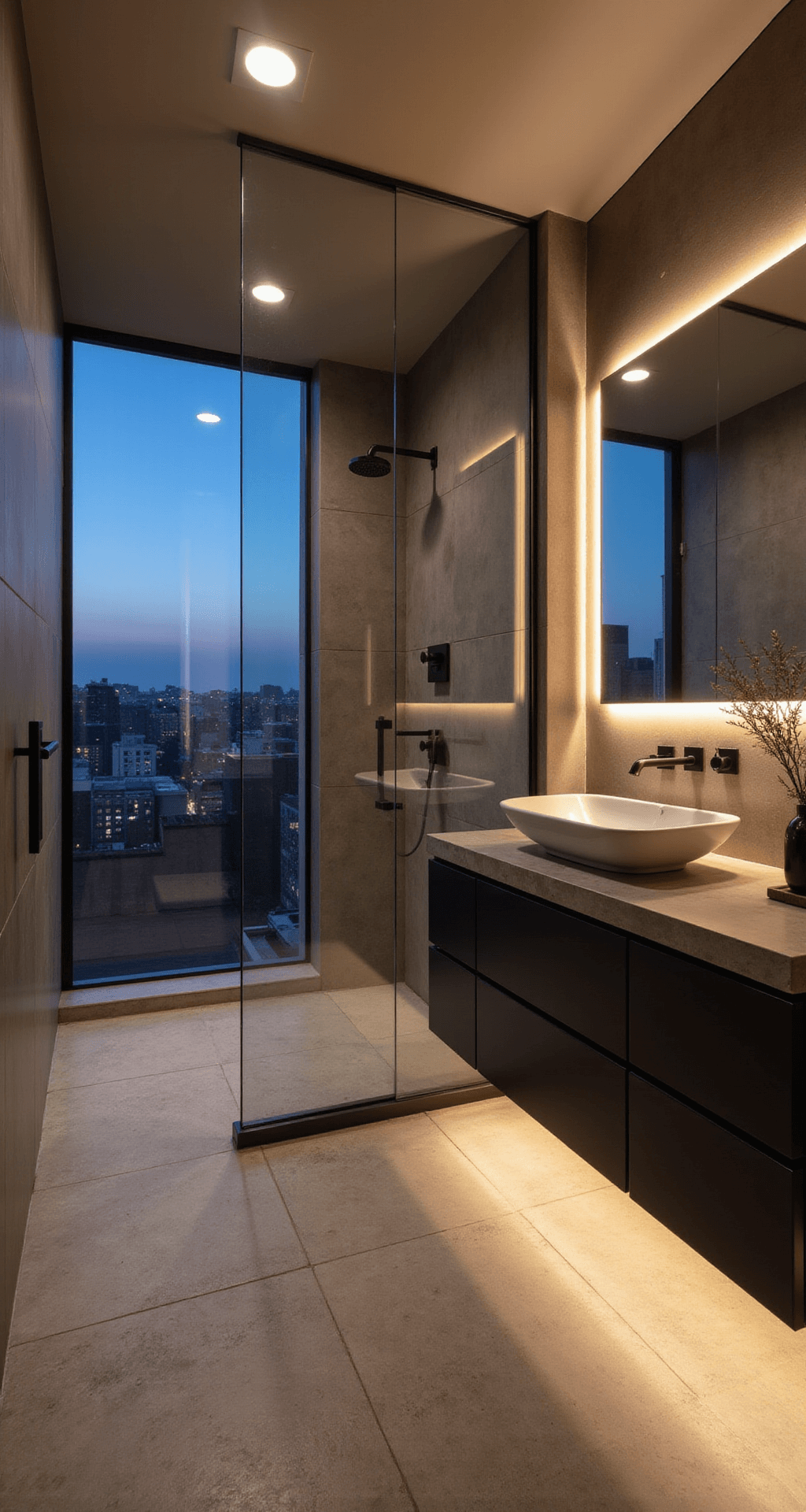 Transforming Your Bathroom into a Serene Sanctuary: The Ultimate Lighting Guide Modern twilight bathroom featuring a floor-to-ceiling shower enclosure with concealed LED strips, a floating vanity with integrated lighting, large-format matte concrete-look porcelain tiles, a backlit mirror, and minimalist matte black fixtures, all creating an ambient glow and interesting light play.