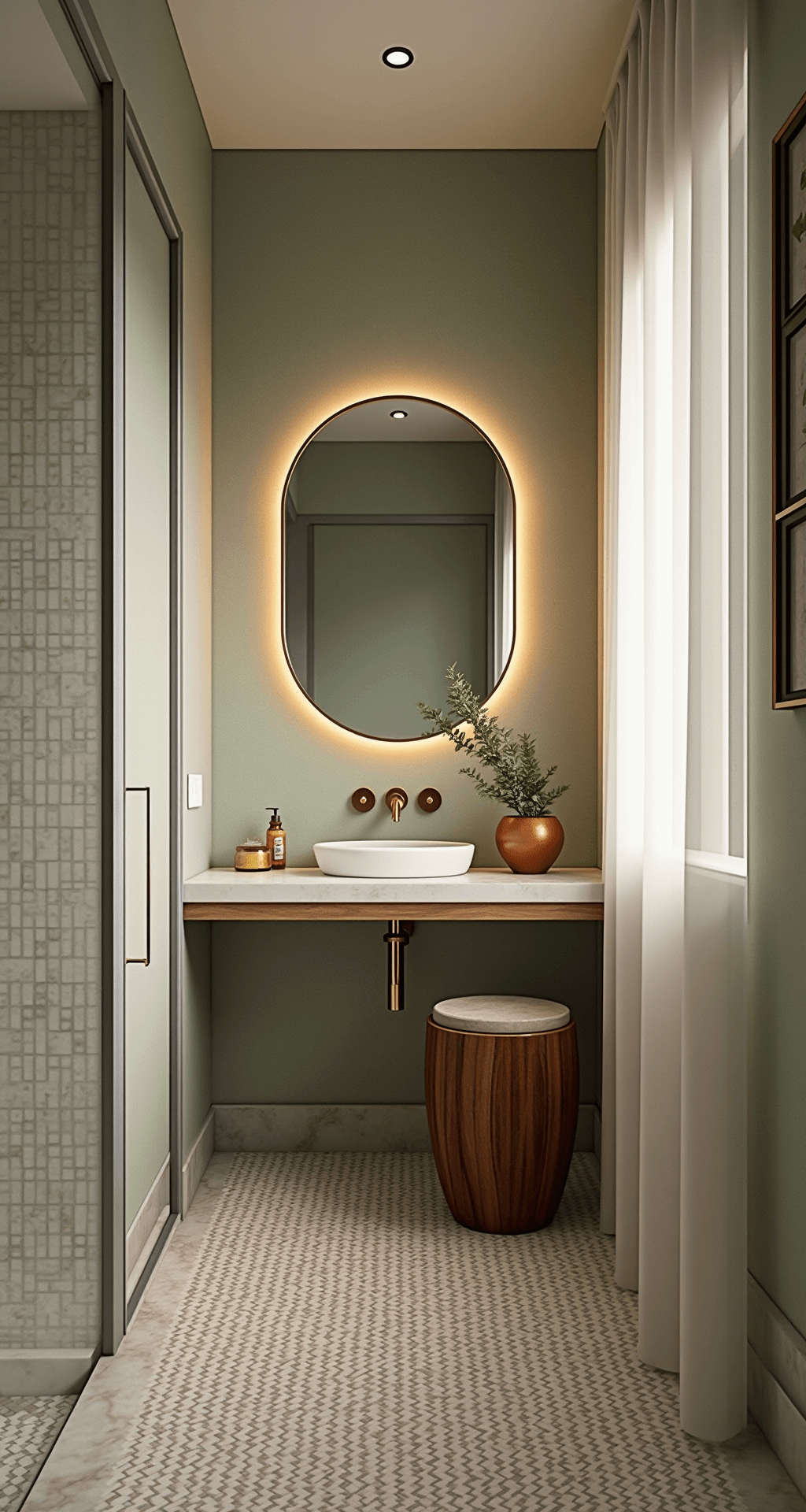 Transforming Your Bathroom into a Serene Sanctuary: The Ultimate Lighting Guide Spa-inspired bathroom at sunrise with natural light and dimmable recessed lighting, featuring soft sage grasscloth walls, a wooden stool holding a copper vessel with eucalyptus, and a marble mosaic floor with radiant heating, showcasing copper and brass accents against a neutral palette.