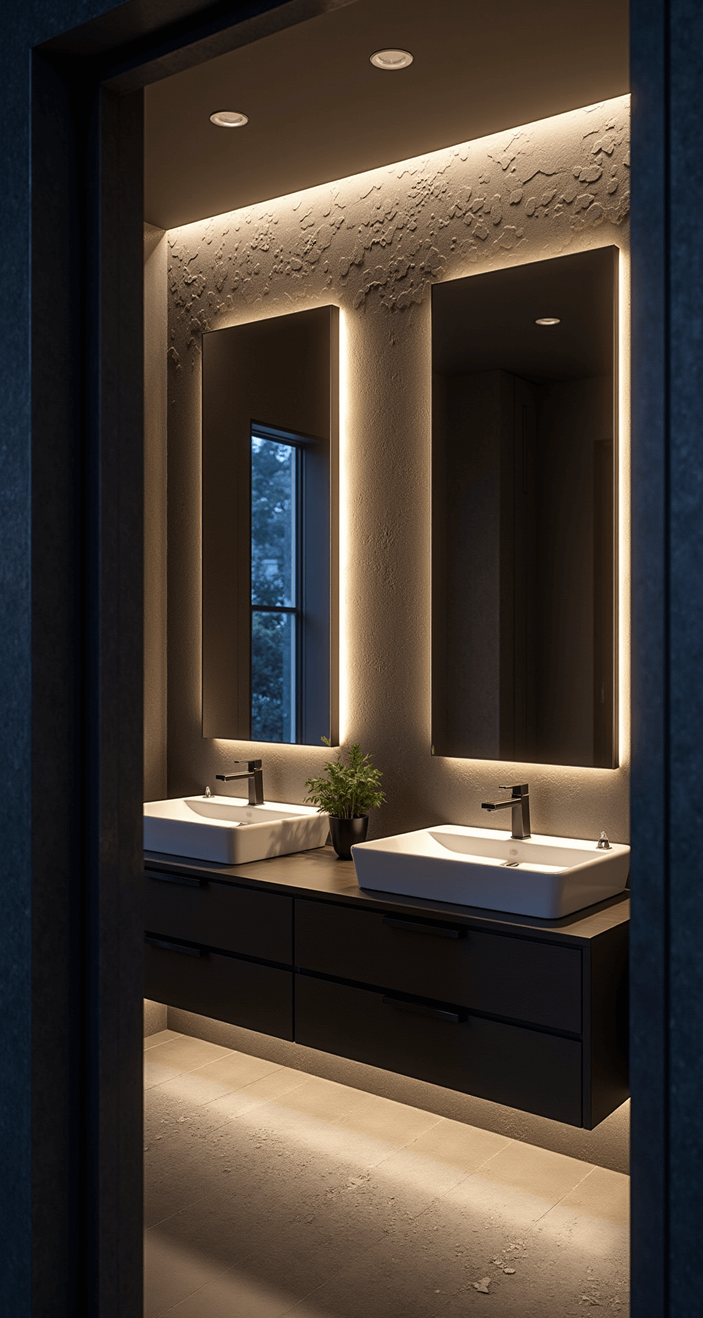 Transforming Your Bathroom into a Serene Sanctuary: The Ultimate Lighting Guide Contemporary bathroom at midnight with dramatic lighting, featuring a textured slate wall, double vanity with underlighting, and matte black hexagon floor tiles; shot from the doorway, showcasing a moody atmosphere.