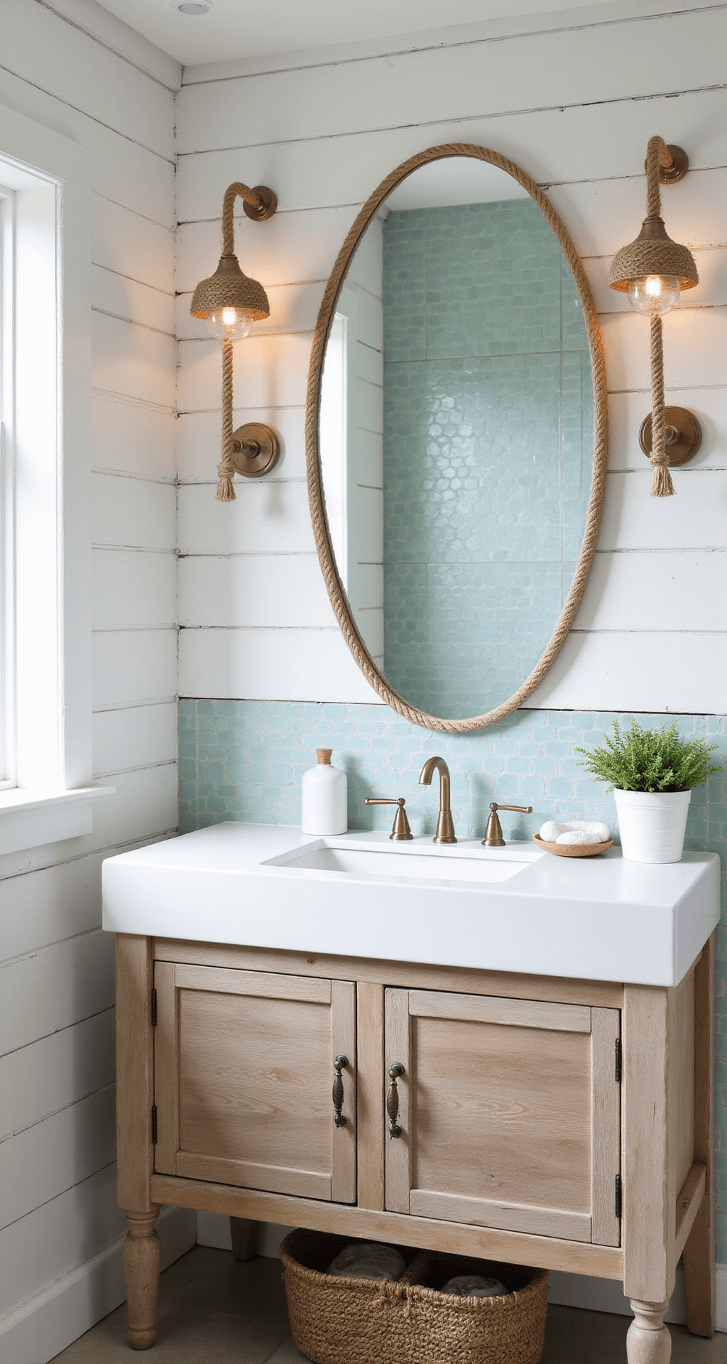 Transforming Your Bathroom into a Serene Sanctuary: The Ultimate Lighting Guide Coastal-inspired bathroom with whitewashed shiplap walls and cove lighting, featuring an oval mirror flanked by rope-wrapped pendant lights. A pale blue glass mosaic feature wall reflects light, while a weathered oak vanity adds texture. Seagrass baskets enhance the coastal decor. Shot captures afternoon light from a corner perspective.