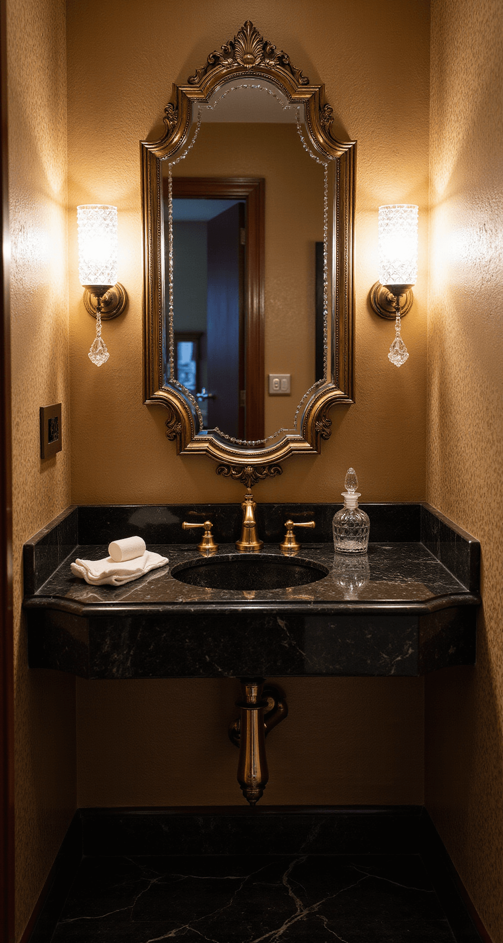 Transforming Your Bathroom into a Serene Sanctuary: The Ultimate Lighting Guide Art deco powder room at evening with layered vintage lighting, featuring crystal wall sconces, an antiqued brass vanity mirror with integrated LEDs, black marble flooring, and cut crystal perfume bottles, all arranged with symmetrical elegance.