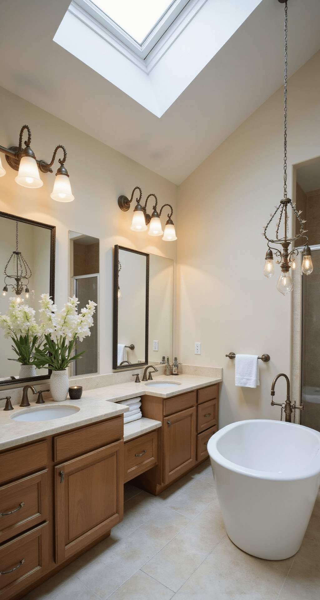 Spa-inspired master bathroom featuring a double vanity, wall-mounted sconces, and pendant lights in aged brass, all illuminated by daylight white bulbs. A freestanding soaking tub is centered under a chandelier, with natural light from a skylight creating dramatic shadows, conveying a serene and luxurious atmosphere.
