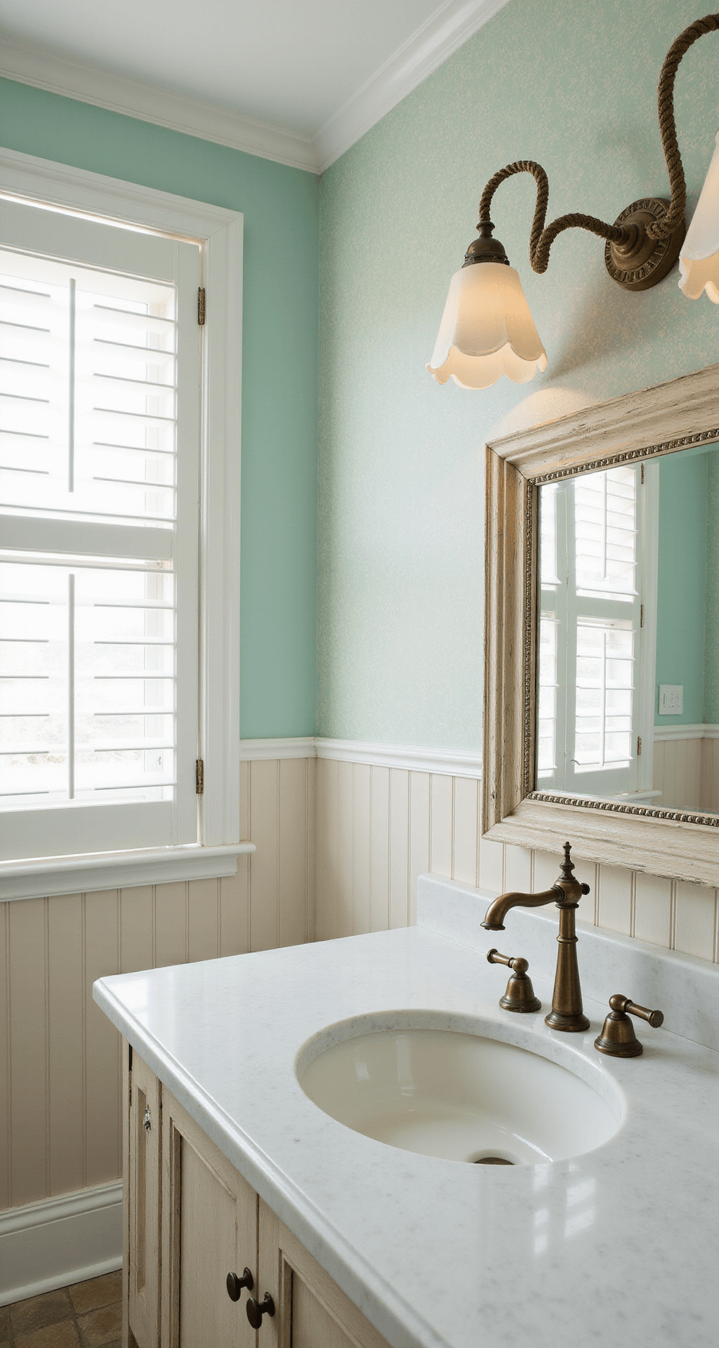 Coastal bathroom with scalloped glass sconces and a whitewashed mirror, featuring a rope-detailed vanity light in weathered brass, illuminated by natural light from plantation shutters, showcasing a sea glass-inspired color palette and shell-textured wallpaper in a fresh, breezy atmosphere.