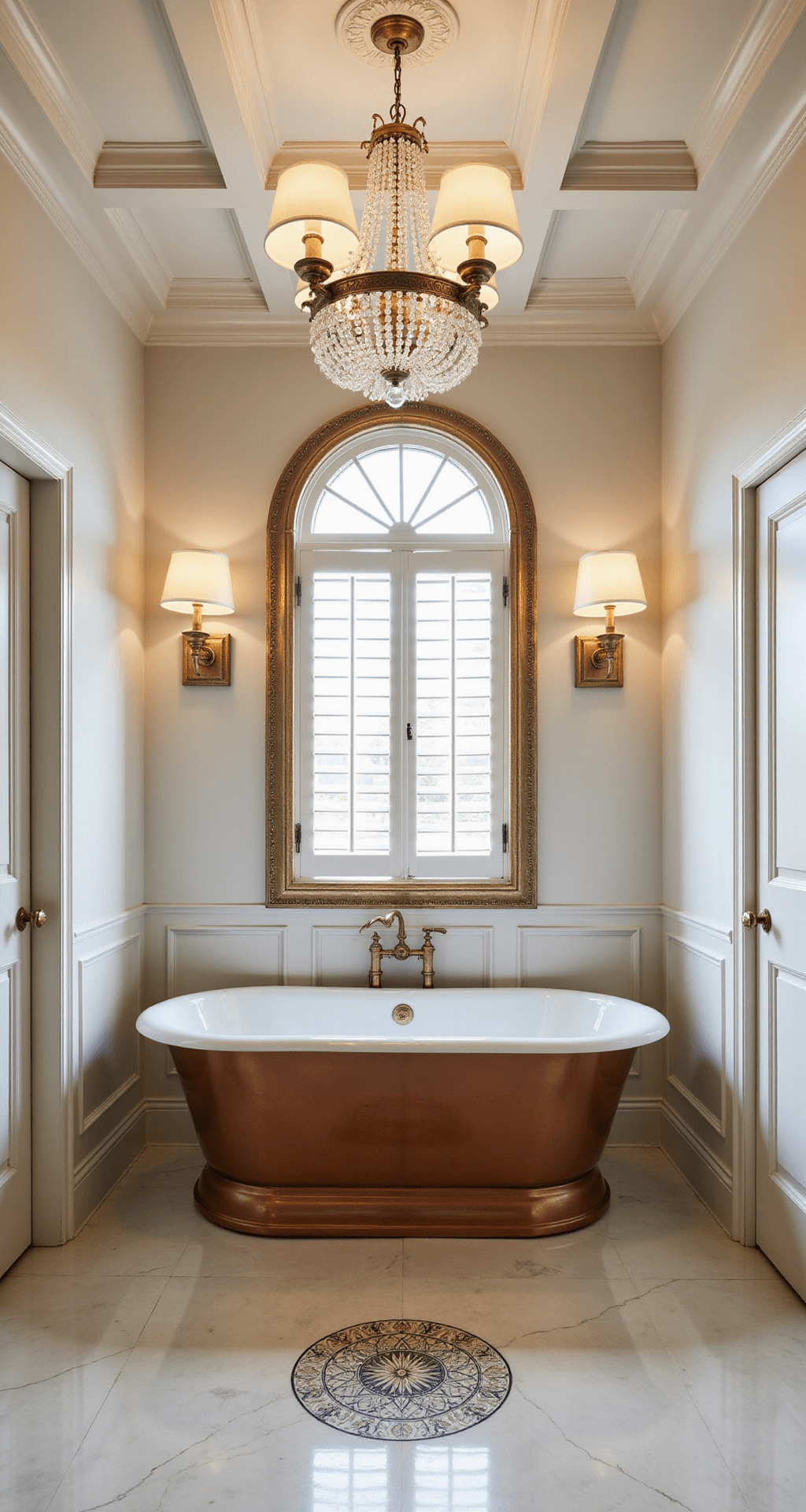 Luxurious traditional bathroom featuring a freestanding copper soaking tub beneath a crystal chandelier, warm brass sconces, an ornate gold-leaf mirror, and cream marble tile floors with intricate mosaic inlay, all illuminated by soft natural light through plantation shutters.