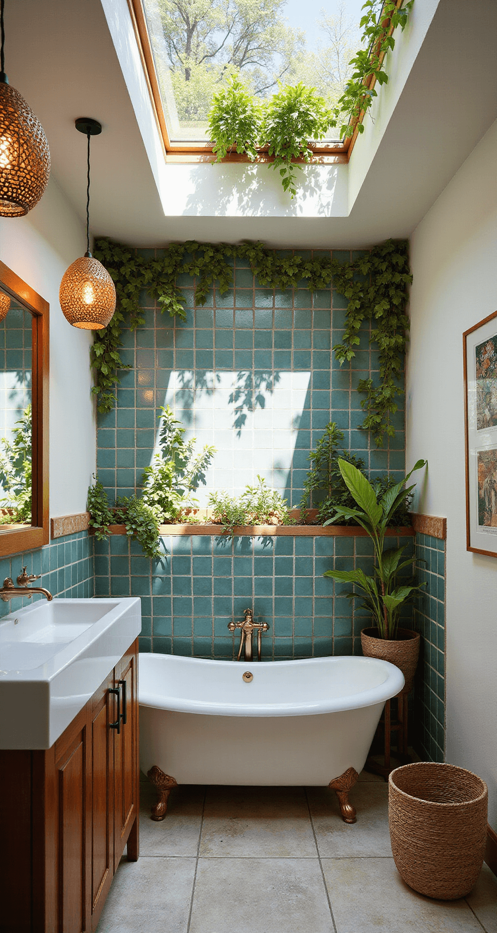 A bright, eclectic master bath featuring a skylight, living wall, and intricate shadow patterns from Moroccan-style pendant lights. The space includes a handmade ceramic tile backsplash in turquoise and terra cotta, complemented by rattan fixtures and woven baskets, all bathed in natural light.