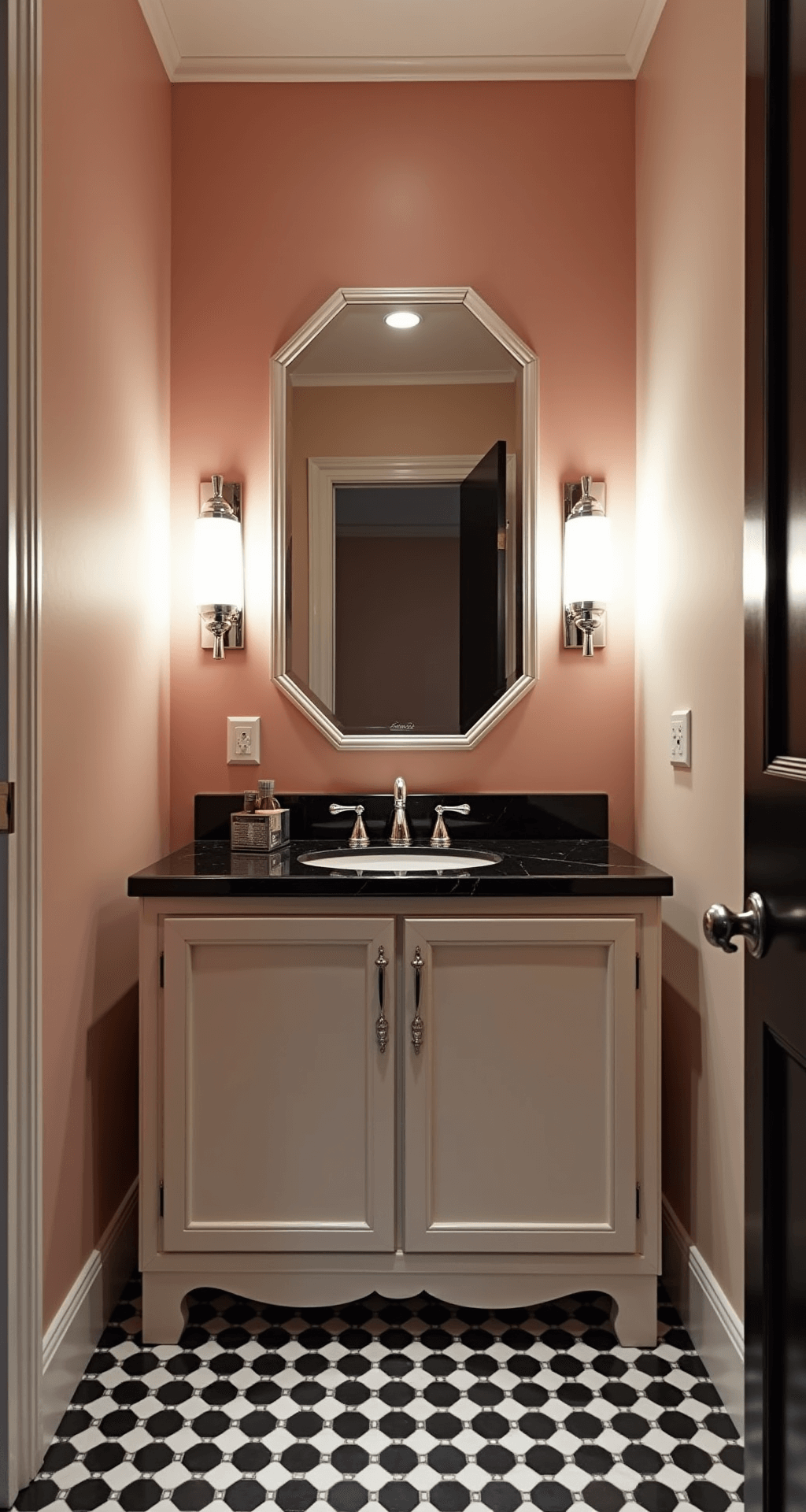 Art Deco bathroom featuring geometric black and white floor tiles, chrome and frosted glass sconces, a hexagonal mirror with integrated lighting, shell-pink walls, a black marble vanity top, and polished nickel fixtures, captured from a low angle with dramatic artificial lighting.