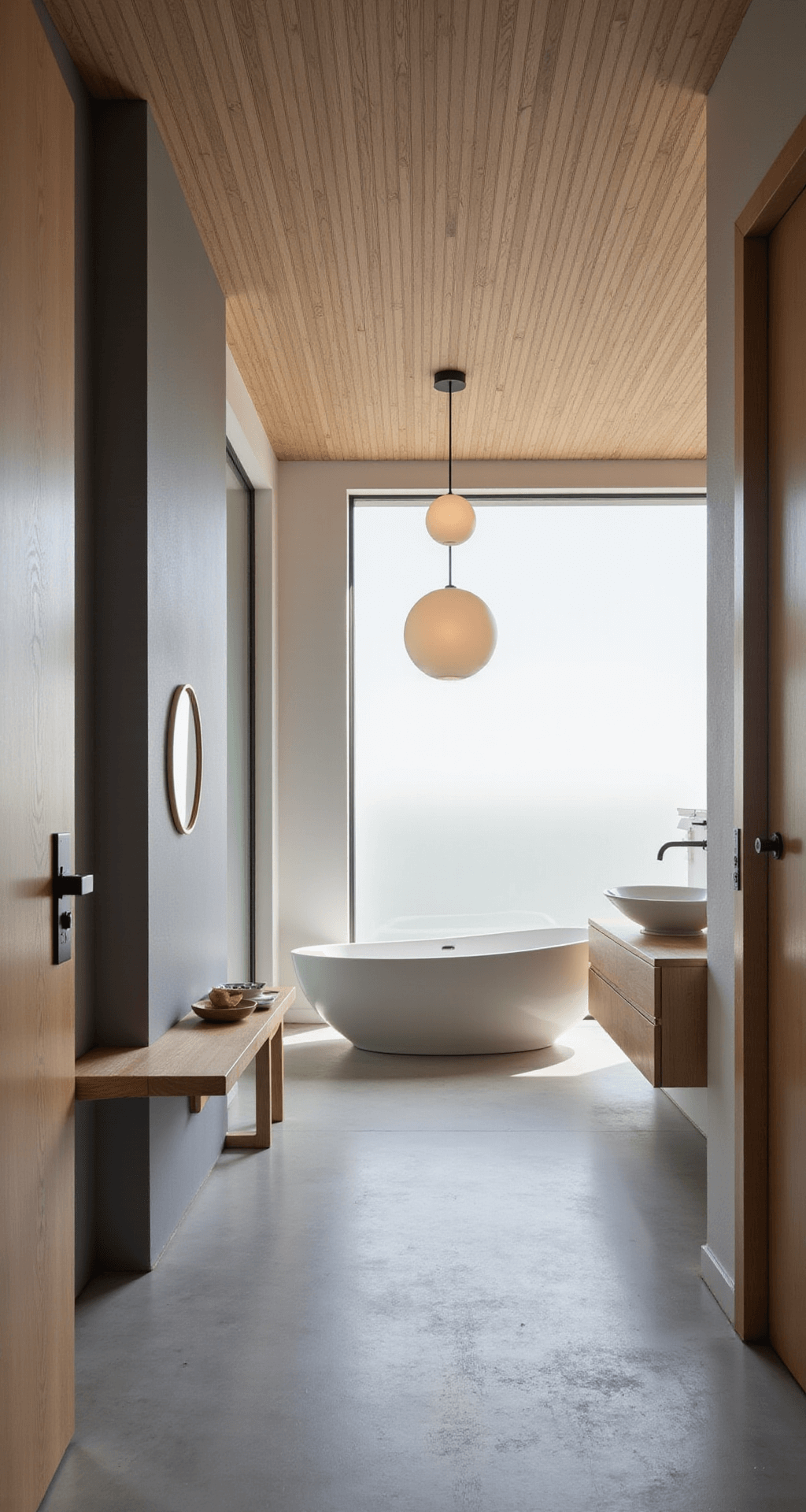 A serene Scandinavian spa bathroom at dawn, featuring a freestanding oval tub, minimalist globe pendants, a floating bleached wood vanity with a backlit round mirror, pale oak slat ceiling, and pale grey concrete floors, all bathed in calming morning light.