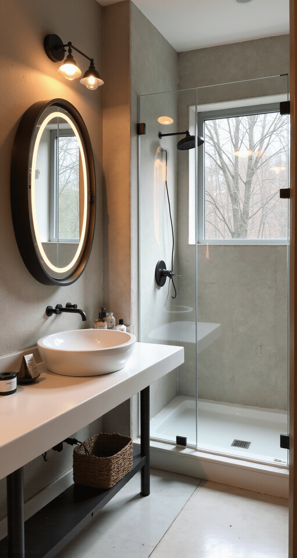 A modern 5x8ft bathroom featuring Venetian plaster walls in warm greige, layered lighting from sconces and recessed spots, a reflective glass shower enclosure, matte black fixtures, and an LED mirror, all harmonizing under natural midday light.