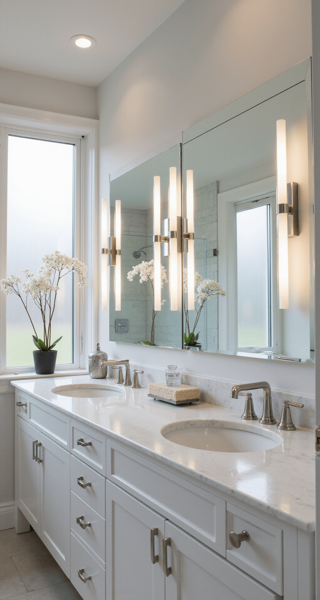 A luxurious 12x14ft master bathroom featuring a grand double vanity with sleek LED sconces, a Hollywood-style mirror, and polished marble surfaces, illuminated by natural morning light and complemented by chrome fixtures and crystal accents.