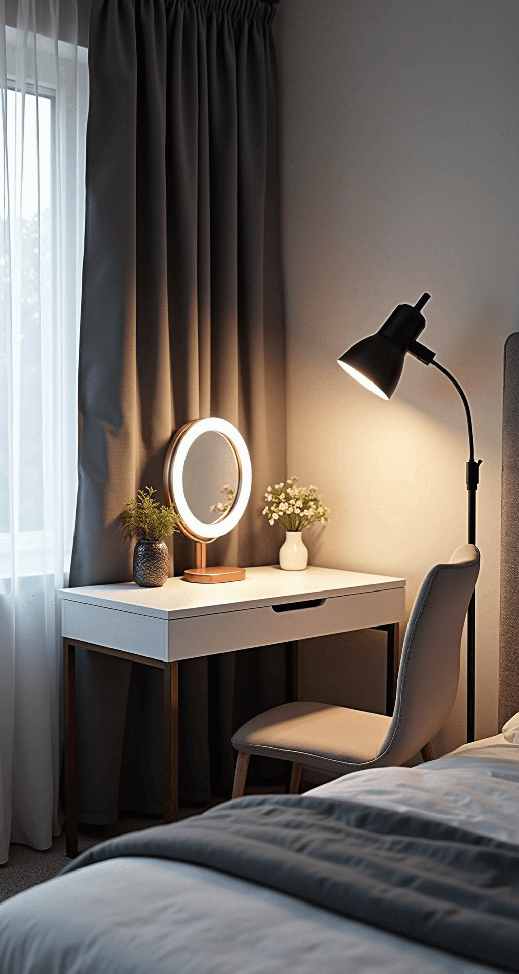 A stylish beauty station in a contemporary bedroom, featuring a ring light and softbox lights for optimal three-point lighting, alongside a minimalist white vanity with rose gold accents and an LED mirror, all set in a cool gray and metallic color scheme.