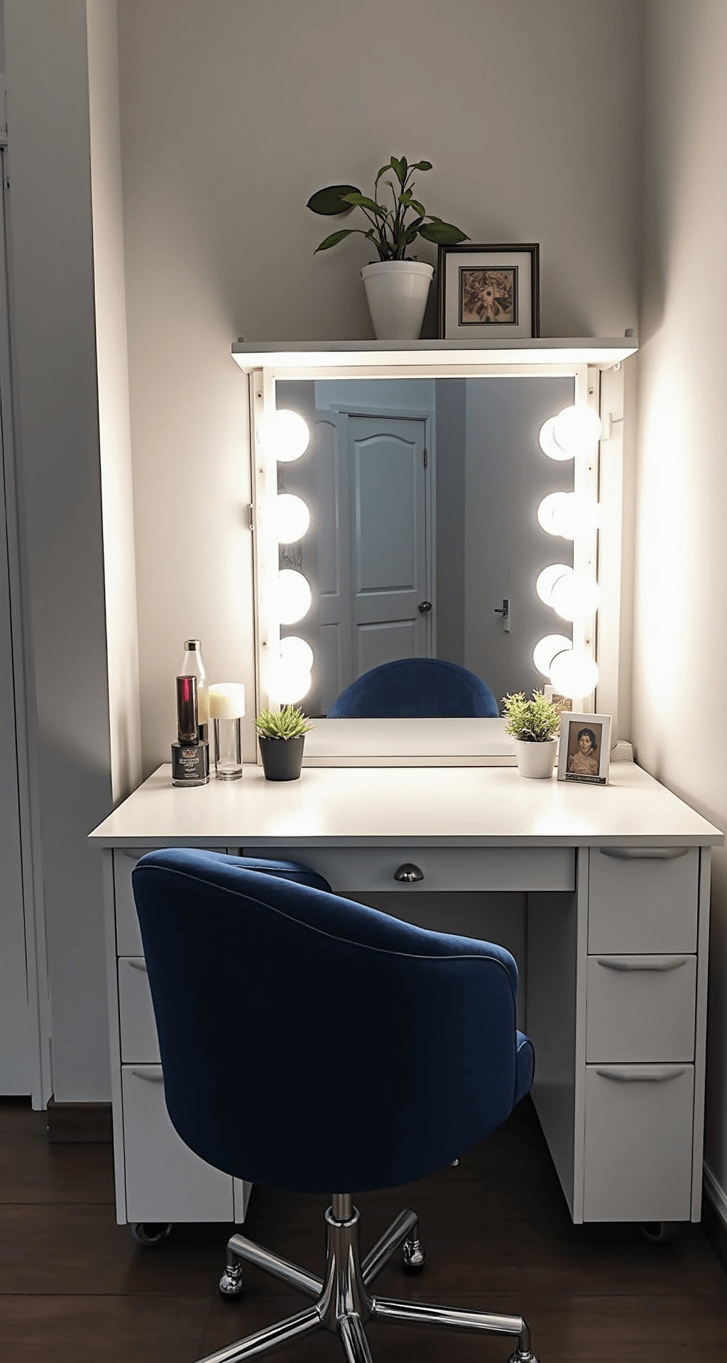 A modern makeup station featuring a custom-built vanity with LED panels, adjustable studio lights, crisp white surfaces, plush navy velvet seating, and chrome and glass accents, captured in an early evening setting with controlled artificial lighting.
