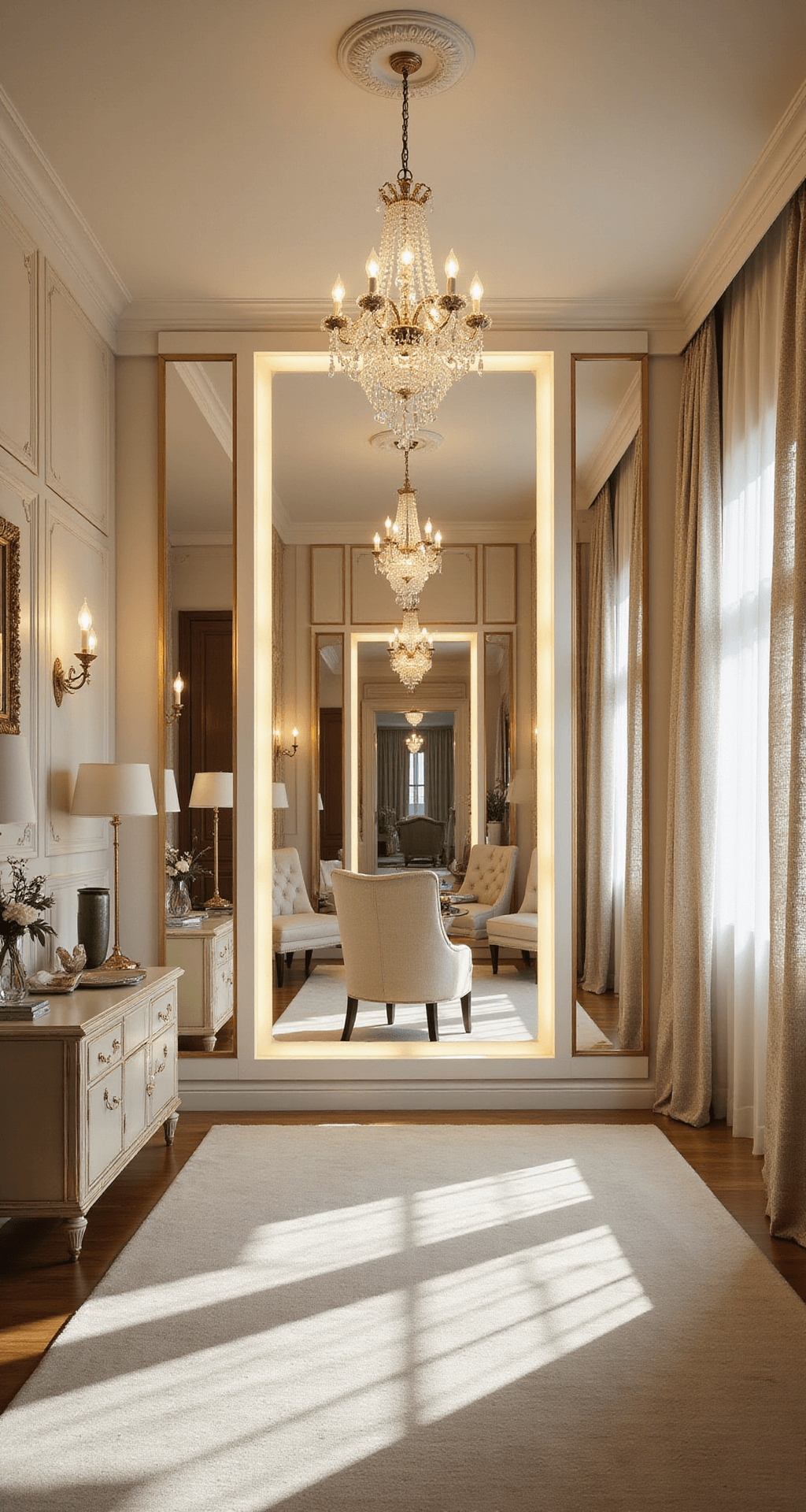 A luxurious Hollywood glamour suite dressing room featuring an oversized illuminated mirror with LED bulbs, art deco sconces, and natural light from floor-to-ceiling windows, highlighted by crystal chandeliers and mirrored furniture in a cream and gold color palette.