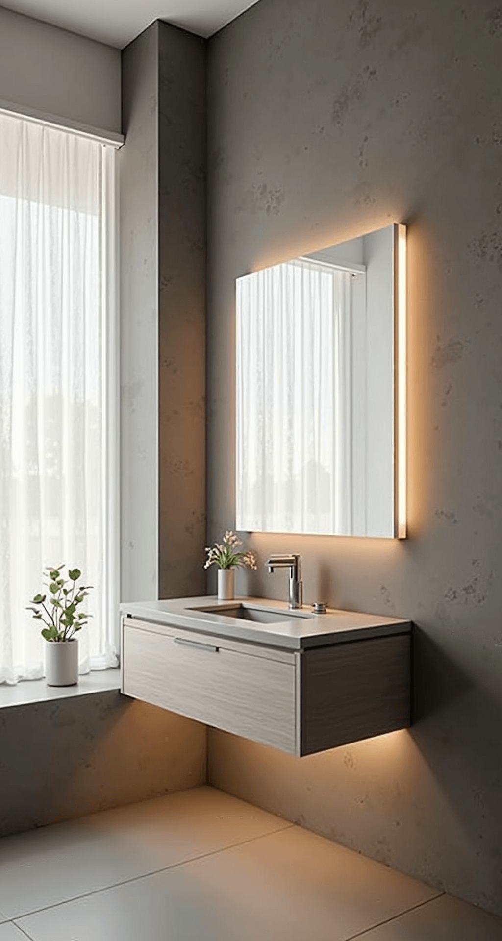 Minimalist bathroom featuring a frameless mirror with LED halo lighting, pale oak floating vanity, and layered lighting. Translucent window coverings allow dawn light to filter in, complemented by 6000K task lighting. Monochromatic warm grays and whites with concrete accents.