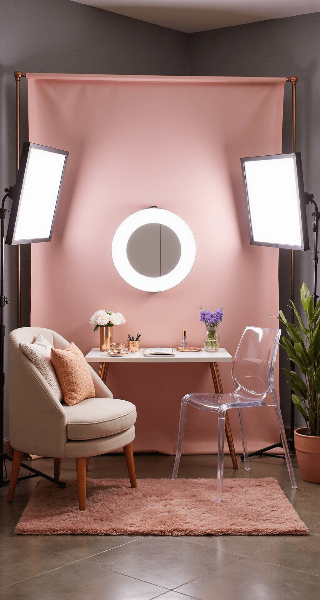 A dedicated 7x9ft influencer beauty filming space featuring a professional ring light, adjustable color temperature panels, and a soft blush backdrop. The setup includes light-diffusing screens for optimal facial illumination, rose gold and white decor, lucite furniture, and metallic accents in an evening setting with controlled artificial lighting.
