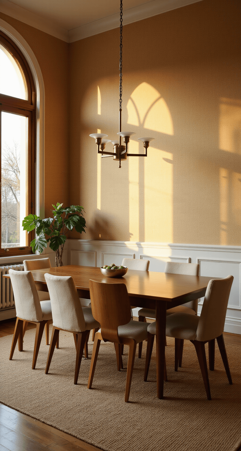 A cozy dining room featuring honey beige grasscloth wallpaper, a mid-century walnut table surrounded by ivory upholstered chairs, a brass chandelier, and a potted fiddle leaf fig, all bathed in warm golden hour light.