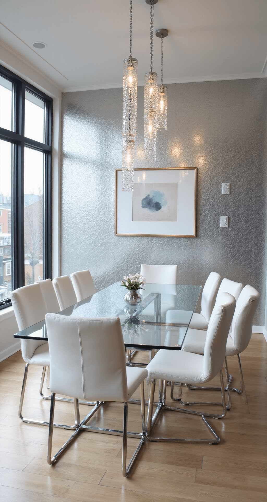 A contemporary dining room featuring metallic geometric wallpaper, a glass-top dining table, white leather chairs, and crystal pendant lights, with wide-angle perspective capturing natural light from floor-to-ceiling windows.