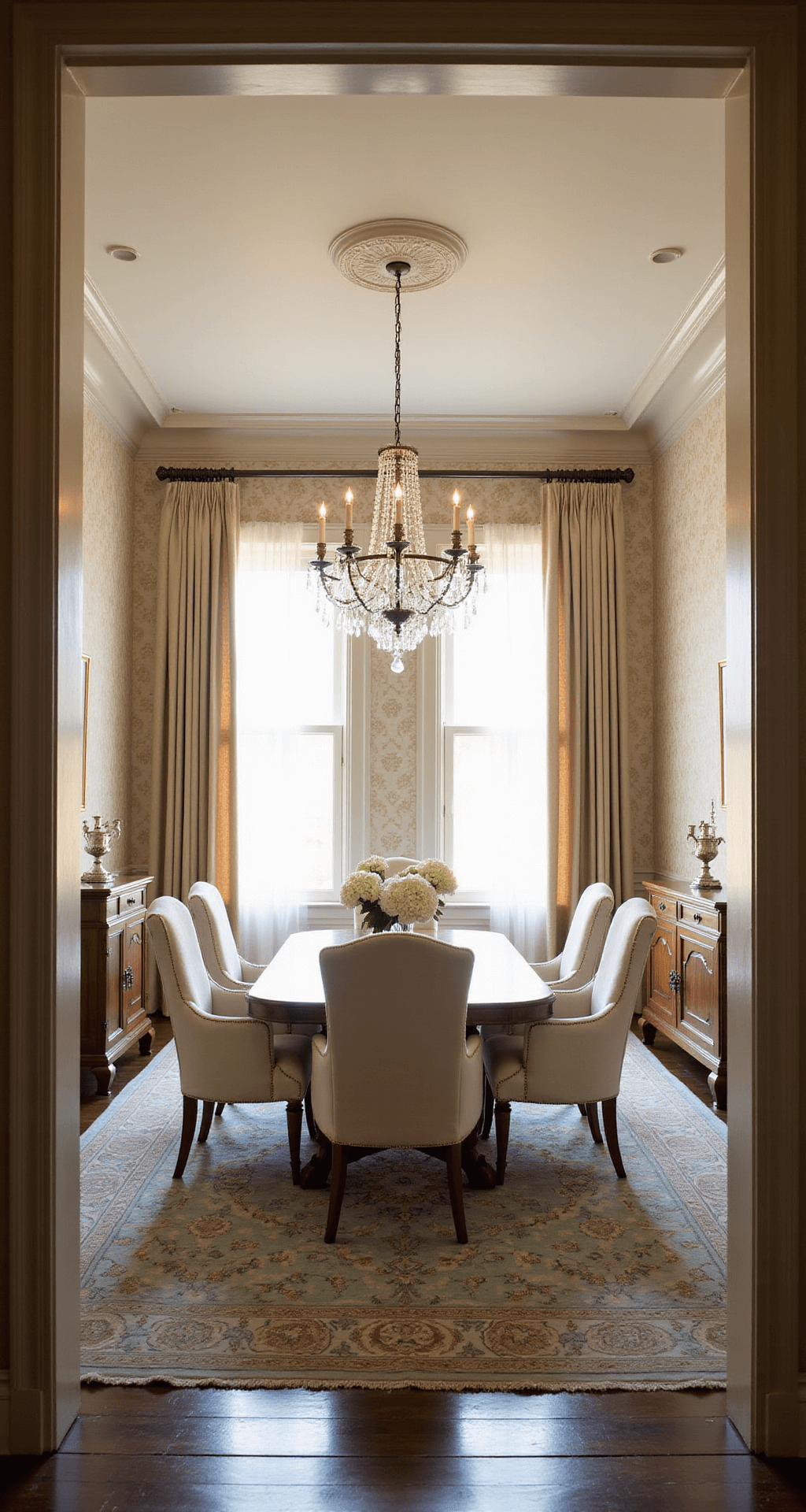 A formal dining room featuring a mahogany table surrounded by cream velvet chairs, adorned with damask wallpaper and a crystal chandelier, illuminated by soft golden hour light streaming through Georgian windows.