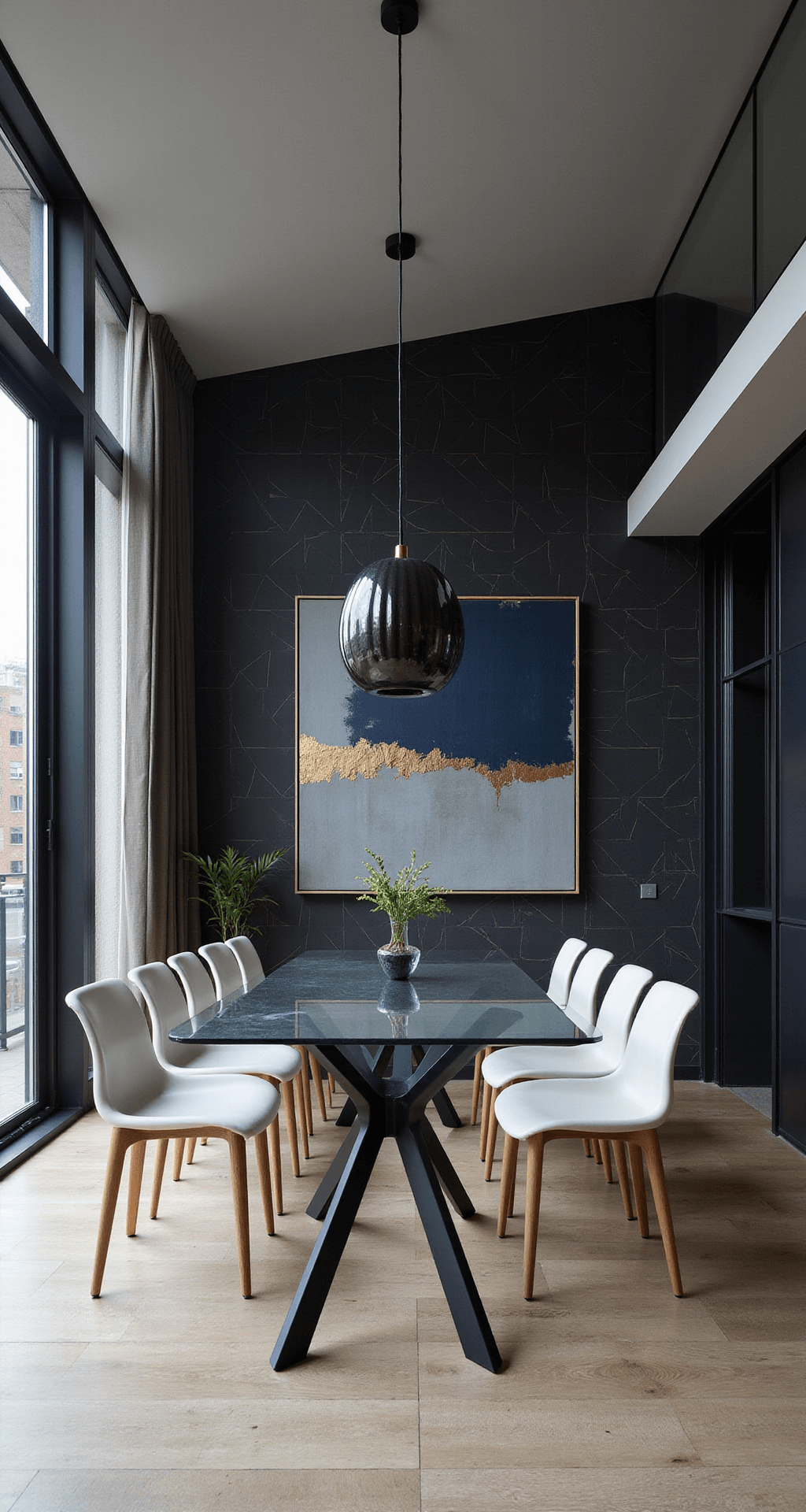 Expansive contemporary dining space featuring floor-to-ceiling windows, matte black geometric wallpaper with metallic accents, a minimalist glass dining table, sleek white leather chairs, and an oversized abstract canvas, illuminated by black metal and smoked glass pendant lighting, with dramatic urban light casting shadows.
