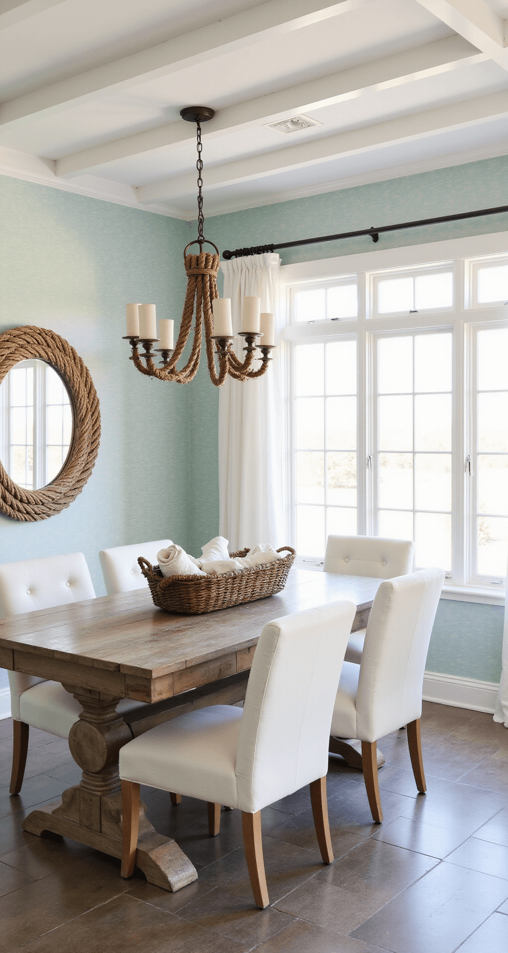 A bright and airy dining room featuring a weathered oak table surrounded by white linen-upholstered chairs, under whitewashed ceiling beams. The room is adorned with watercolor-inspired wallpaper in aqua and sand tones, and a rope chandelier casts soft shadows. A large seagrass basket filled with linen napkins and a driftwood mirror that reflects afternoon light complete the serene coastal atmosphere, shot from a corner angle to capture window views.