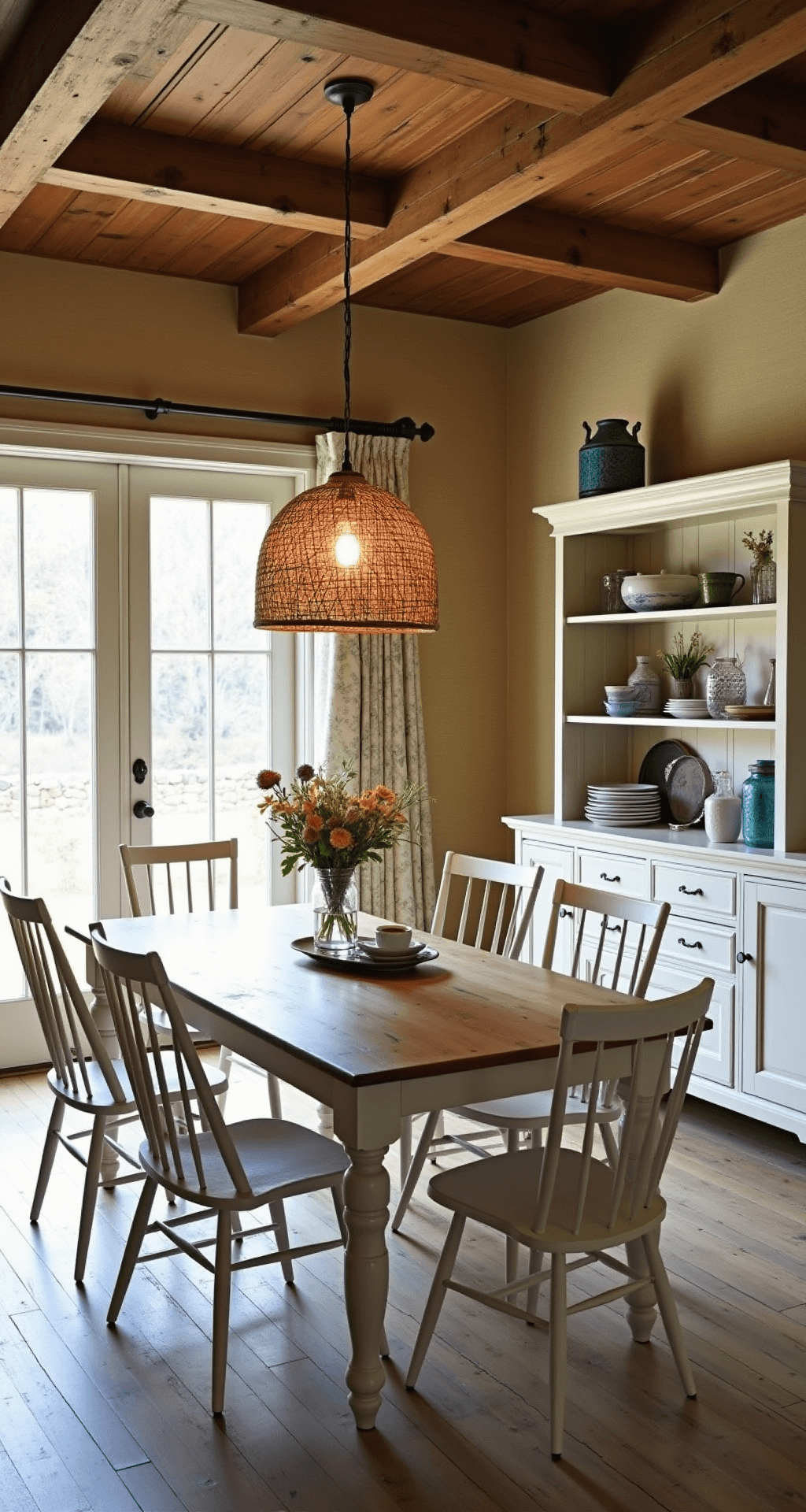 Cozy dining space featuring exposed wooden beams, warm wheat-toned grasscloth wallpaper, a rustic harvest table with distressed white Windsor chairs, a vintage china cabinet, fresh wildflowers in mason jars, and a woven pendant light, all illuminated by soft morning light streaming through French doors.