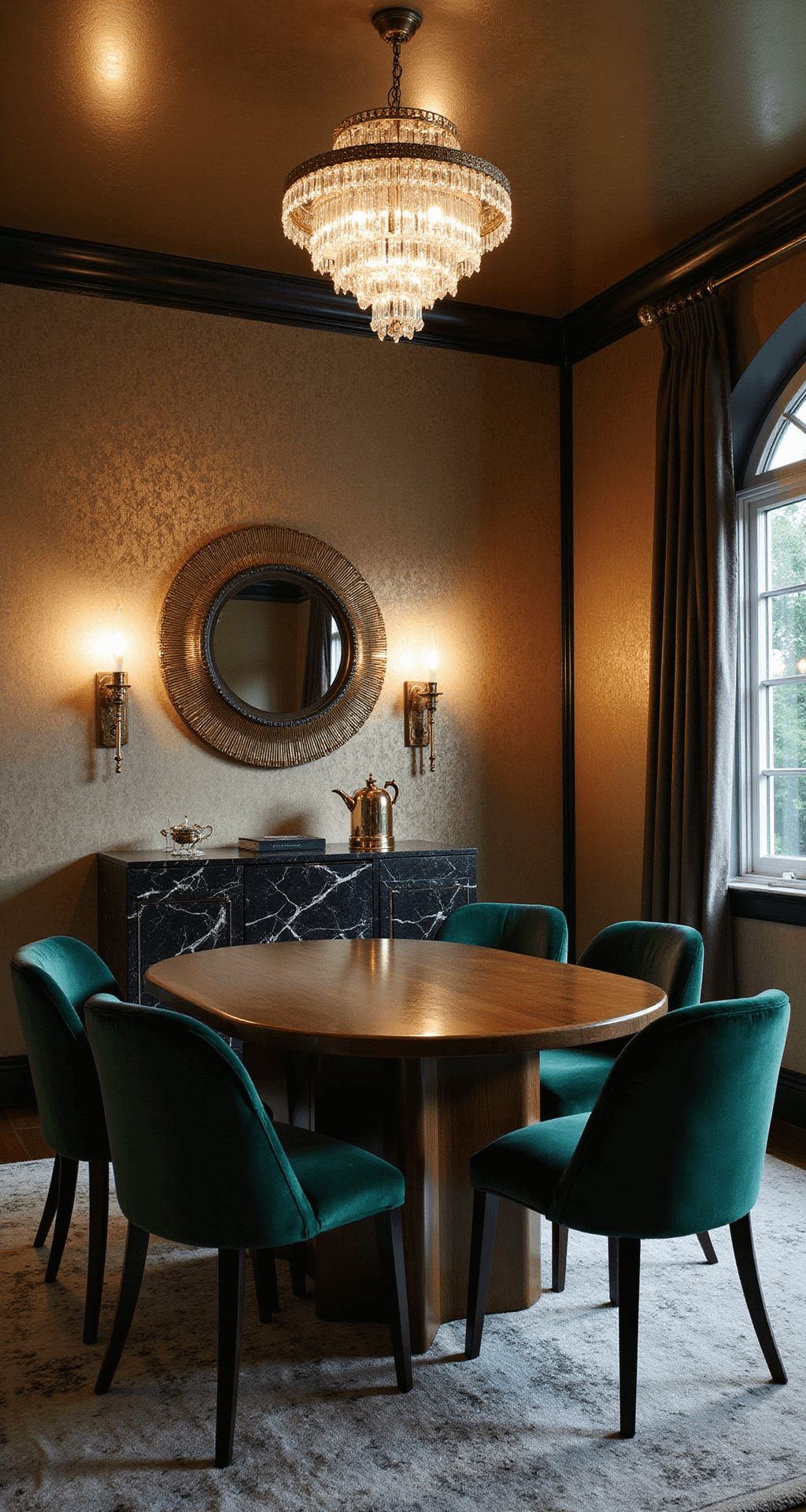 A luxurious Art Deco dining room featuring metallic geometric wallpaper in champagne and black, a dark walnut oval dining table with brass inlay, deep emerald velvet chairs, a sunburst mirror with sconces, a black marble sideboard with a brass cocktail set, and a crystal chandelier casting dramatic reflections, all viewed from a low angle at twilight.