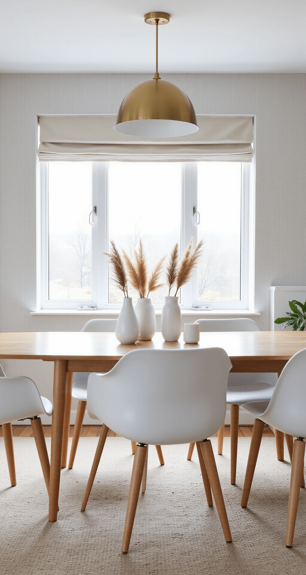 Bright Scandinavian-style dining room with pale gray and white striped wallpaper, a blonde wood table surrounded by white Eames-style chairs, and simple linen roman shades. Decorated with white ceramic vases holding dried pampas grass, a modern brushed brass pendant light, and an ivory natural fiber rug, all bathed in morning light from a high camera angle.