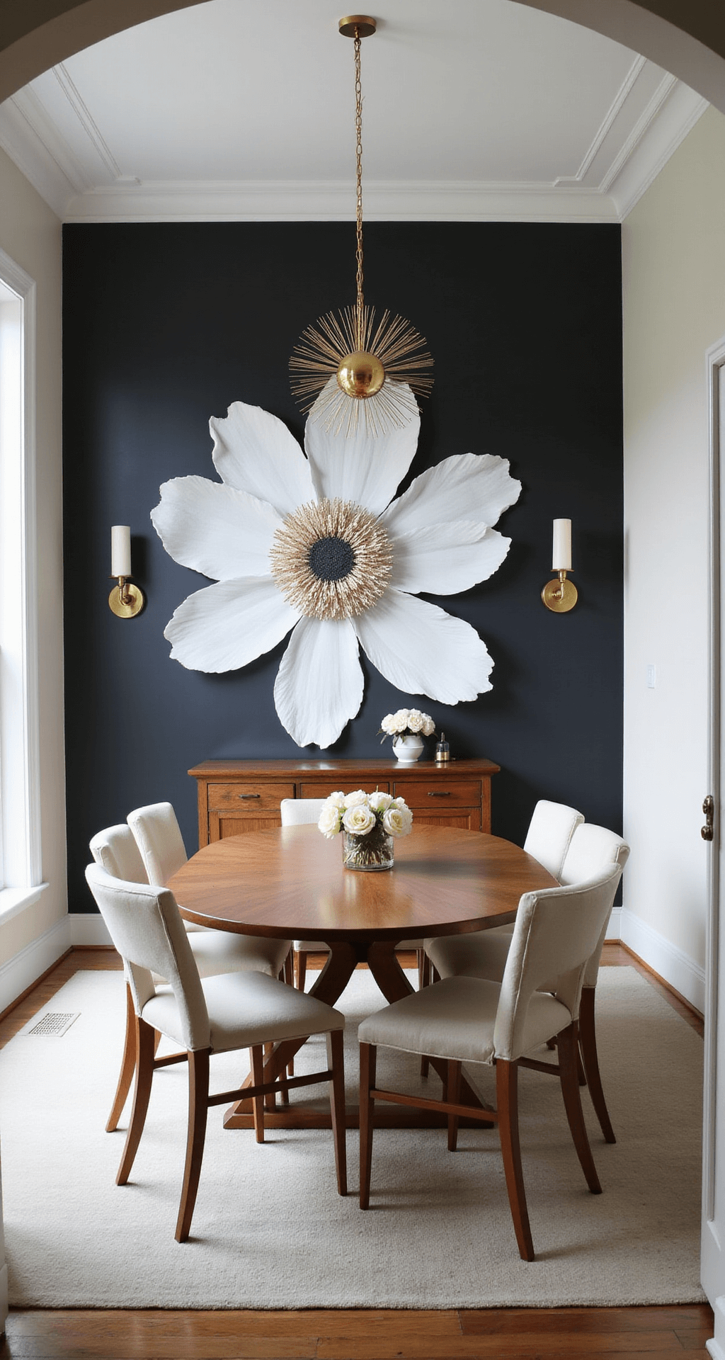 A sunlit dining room with 10ft ceilings, featuring oversized black and white peony wallpaper, a minimalist walnut dining table with six cream linen chairs, and a simple brass centerpiece with white ranunculus, illuminated by natural light and vintage brass sconces.