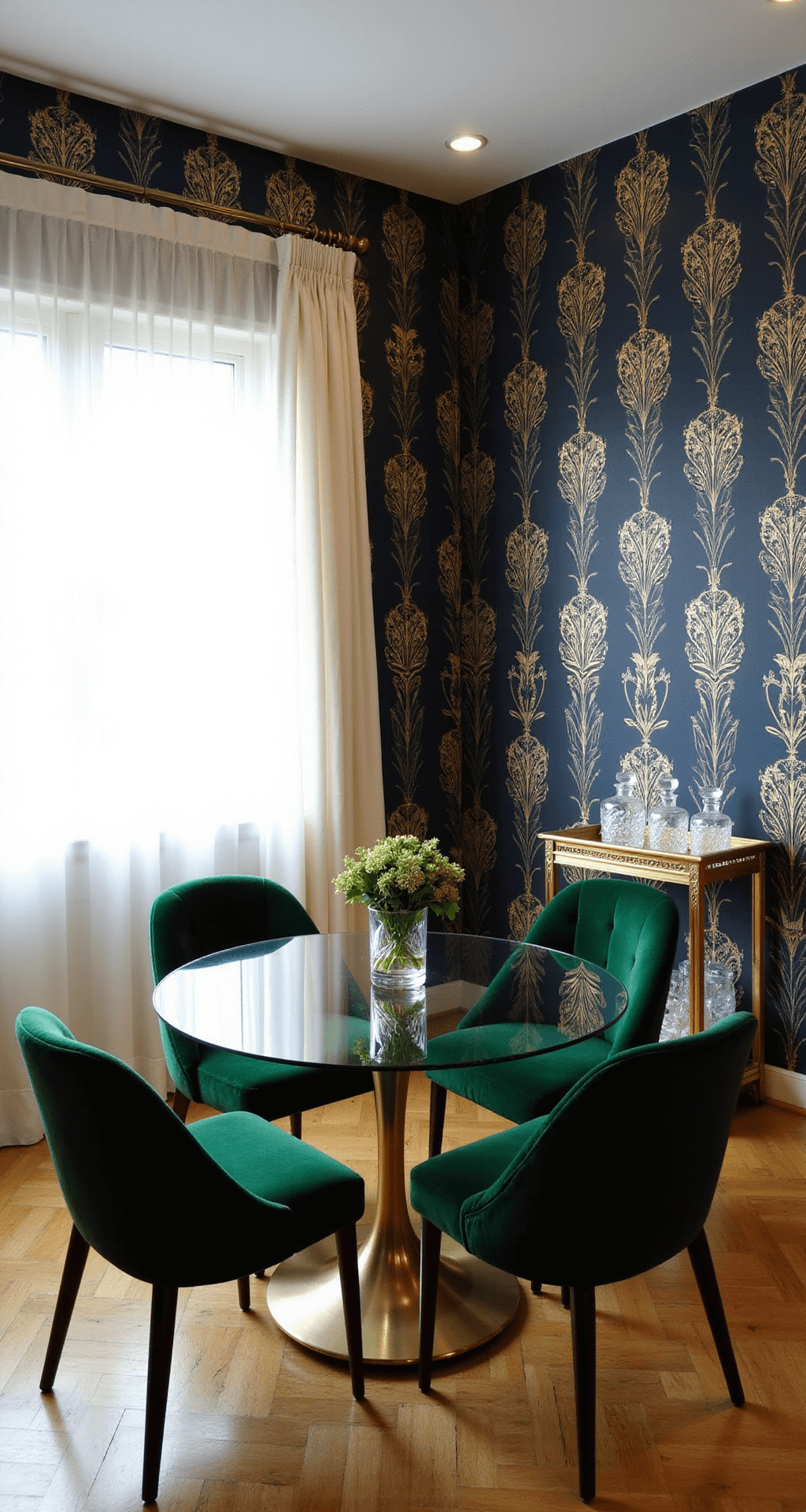An intimate 12x12ft dining space at golden hour featuring bold geometric navy and gold Art Deco-inspired wallpaper, a round glass dining table with a brass base, and four velvet emerald green dining chairs. A vintage brass bar cart with crystal decanters is in the corner, with light streaming through sheer white curtains, emphasizing the wallpaper patterns and warm metallic elements.
