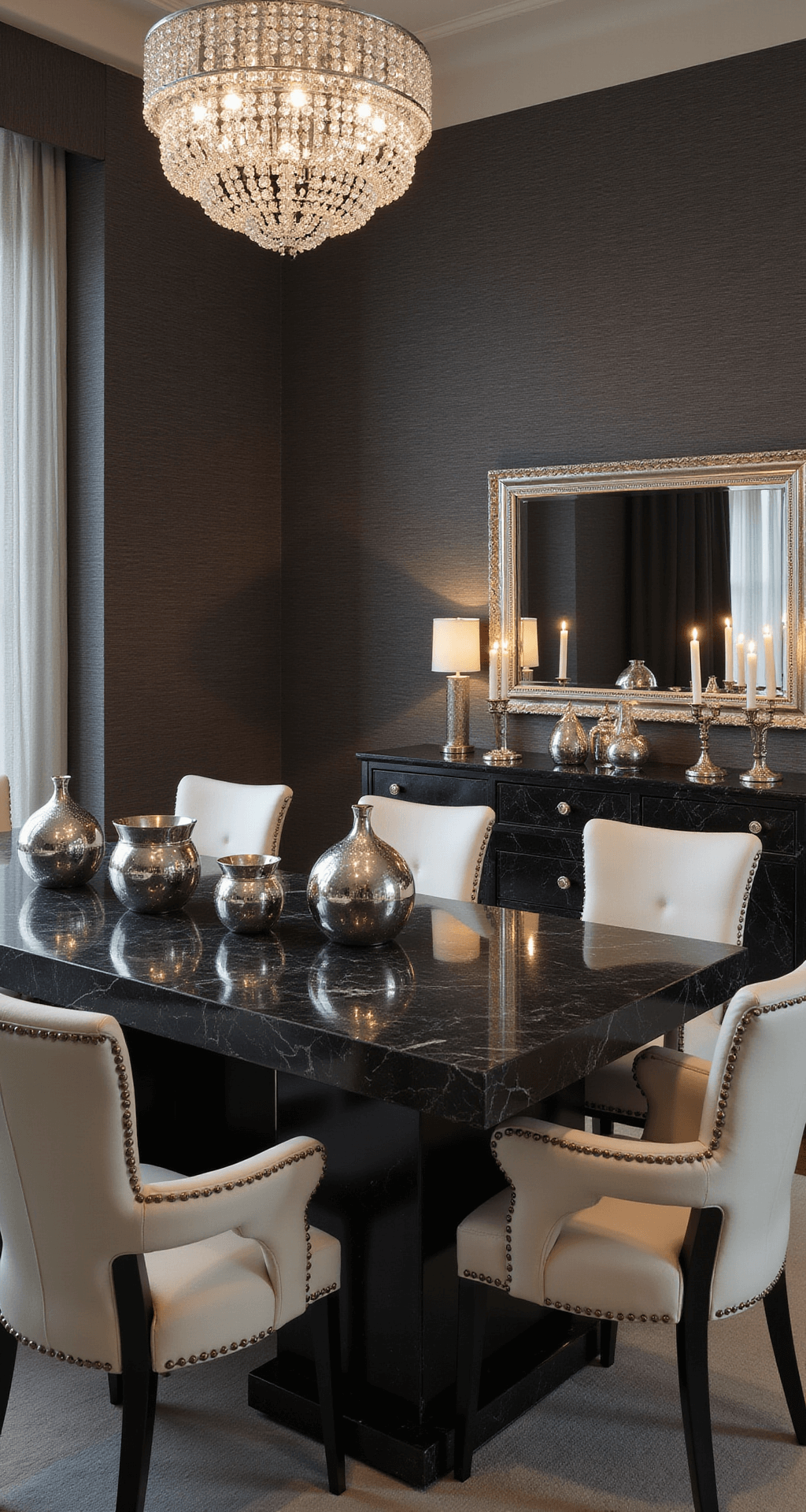 A formal dining room at dusk with charcoal grasscloth wallpaper, a black marble dining table, ivory bouclé chairs, a crystal chandelier, and a silver-framed mirror reflecting candlelight.