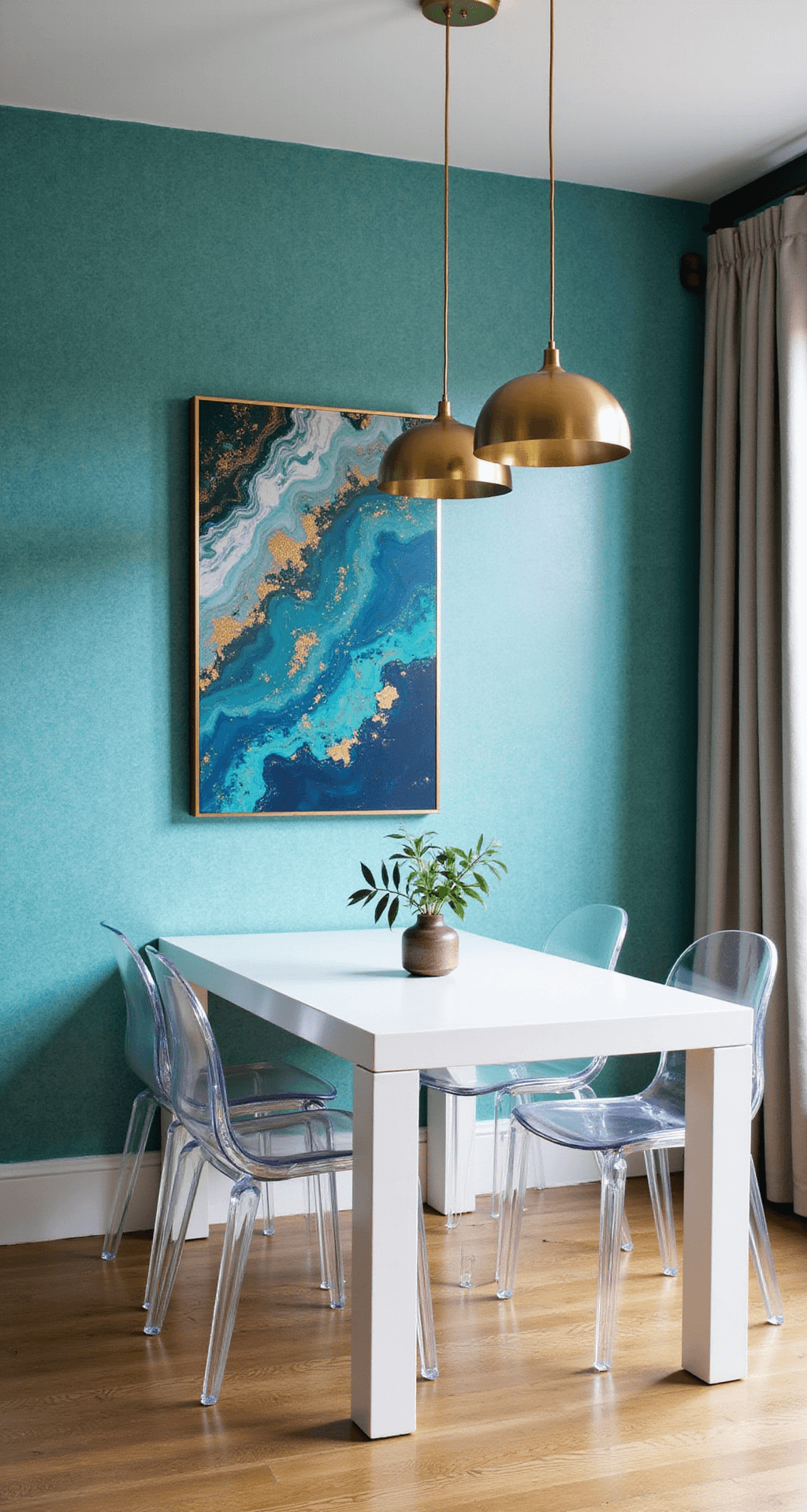 A wide-angle view of a modern 15x15ft dining area featuring turquoise and gold agate-inspired wallpaper, a white lacquered dining table with acrylic ghost chairs, and an oversized abstract canvas in complementary blues, complemented by brushed gold pendant lights at various heights, all bathed in morning light.