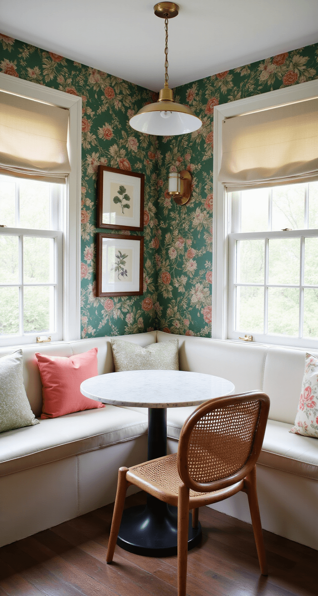 Cozy breakfast nook featuring whimsical emerald green and coral chinoiserie wallpaper, a cream leather built-in banquette, a round marble bistro table with rattan chairs, and botanical prints illuminated by brass picture lights, all bathed in soft morning light.
