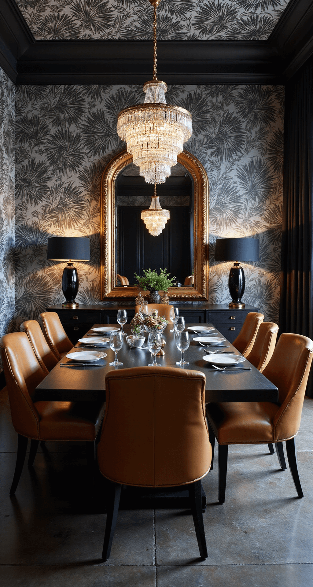 Dramatic dining room at twilight featuring black and white palm wallpaper, a long black oak table under a vintage chandelier, flanked by cognac leather chairs, with a gold-framed mirror reflecting intimate lighting from black ceramic lamps.