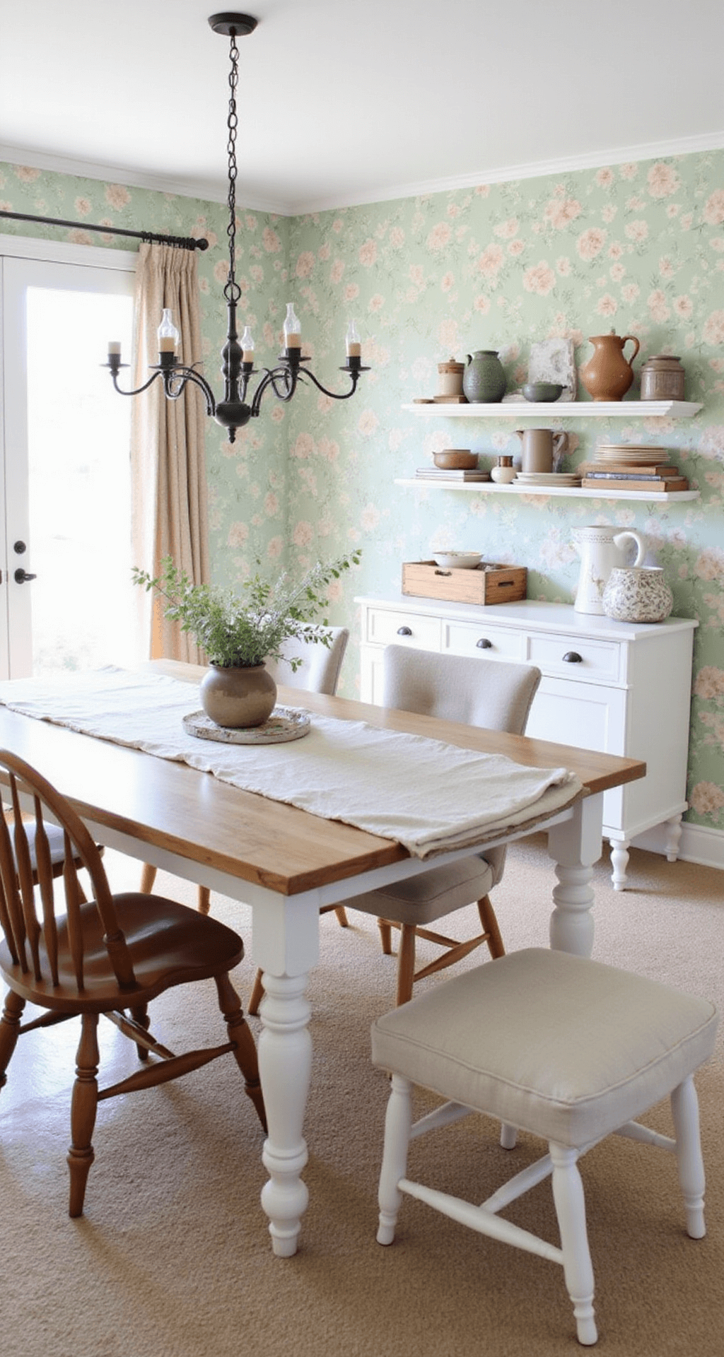 A bright 13x13ft dining space with watercolor floral wallpaper in blush and sage, featuring a white-washed farmhouse table, mixed seating with Windsor and upholstered chairs, and styled floating shelves with vintage pottery, illuminated by natural light from French doors.