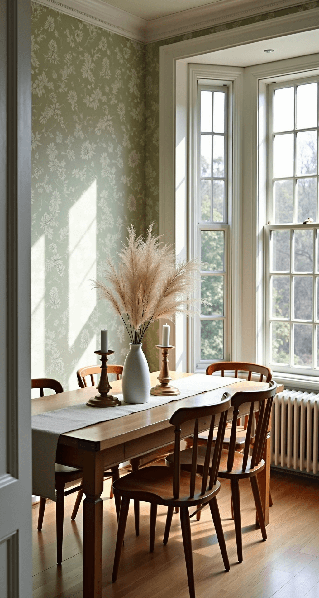 A sunlit dining room with 9ft ceilings features sage green botanical wallpaper, a vintage oak table with a linen runner and brass candlesticks, and thrifted ceramic vases with pampas grass, all captured from the doorway with a wide-angle lens.