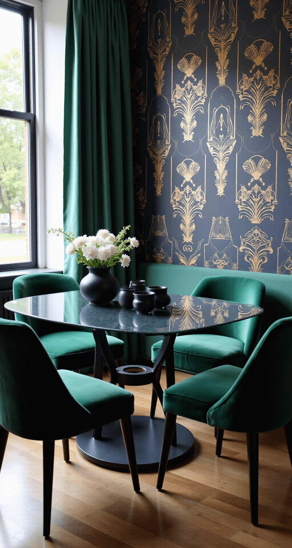 Intimate dining nook with navy and gold Art Deco wallpaper, contemporary glass table, emerald velvet chairs, black matte ceramics, and white blooms, all illuminated by warm afternoon light.