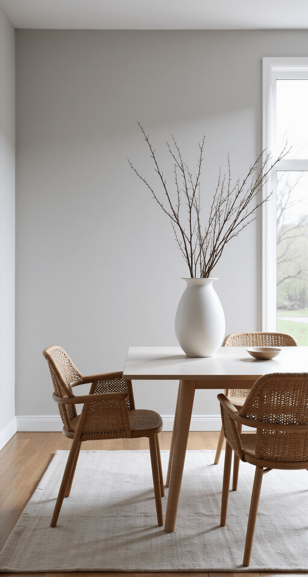 Bright contemporary dining room featuring minimalist Scandinavian design, with gray grasscloth wallpaper, a white oak table, woven rattan chairs, and a large white ceramic vase with branches, illuminated by natural light for dramatic shadows.