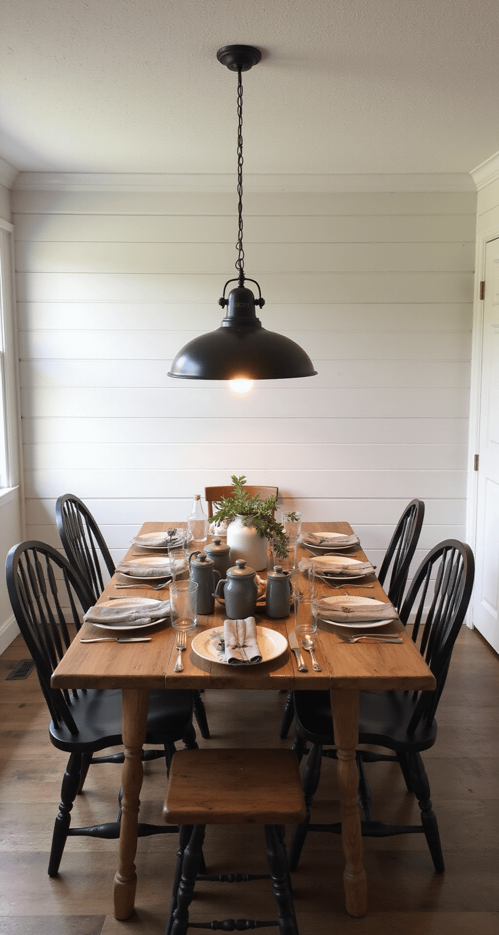 A cozy farmhouse-inspired dining space with shiplap wallpaper, a rustic pine harvest table set with vintage stoneware, mixed seating including windsor chairs and a built-in bench, under an industrial-style pendant light, capturing an intimate gathering at dusk.